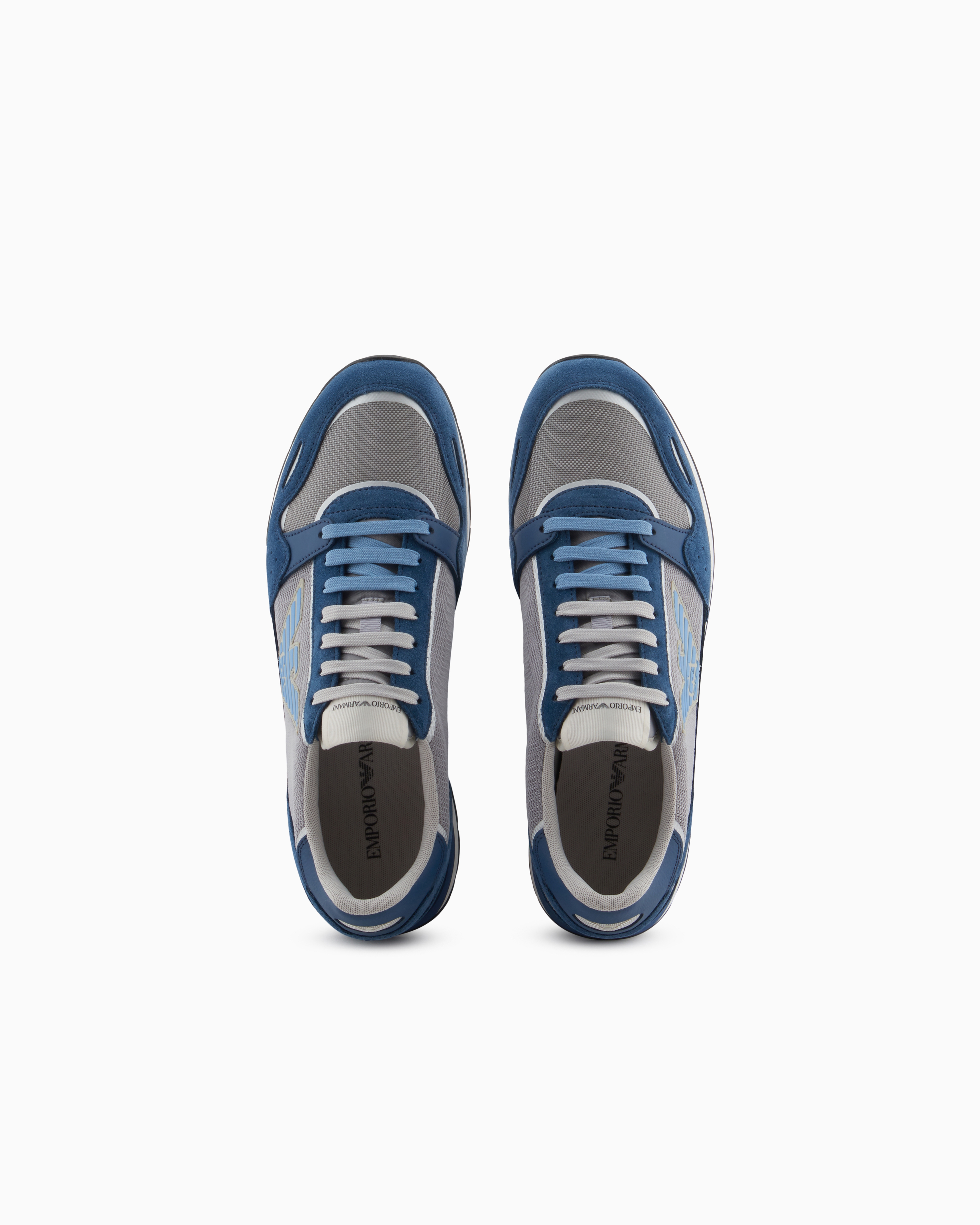 Emporio Armani Mesh Sneakers With Suede Details And Eagle Patch In Blue