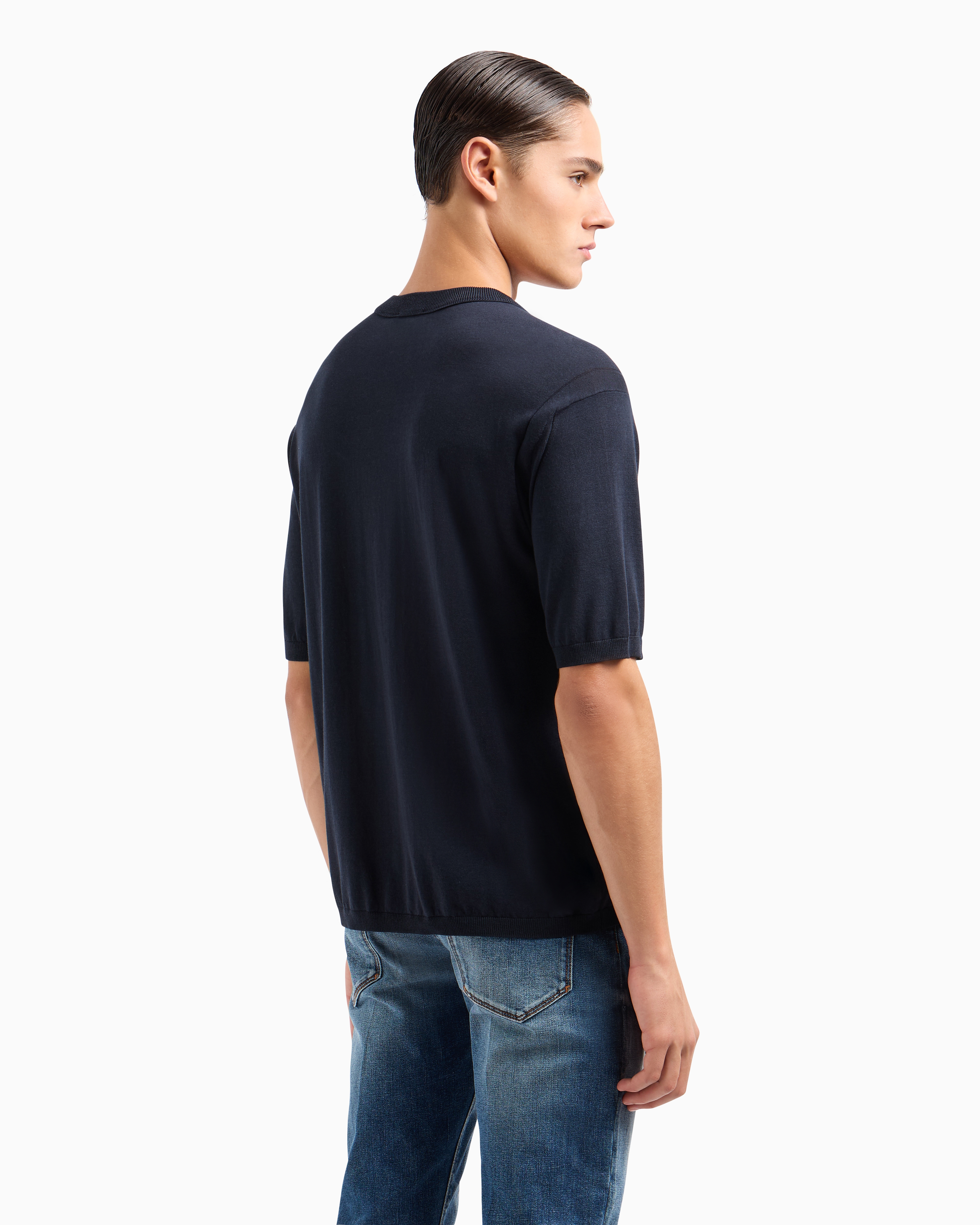 Emporio Armani Asv Lyocell-blend Plain-knit Jumper In Navy Blue