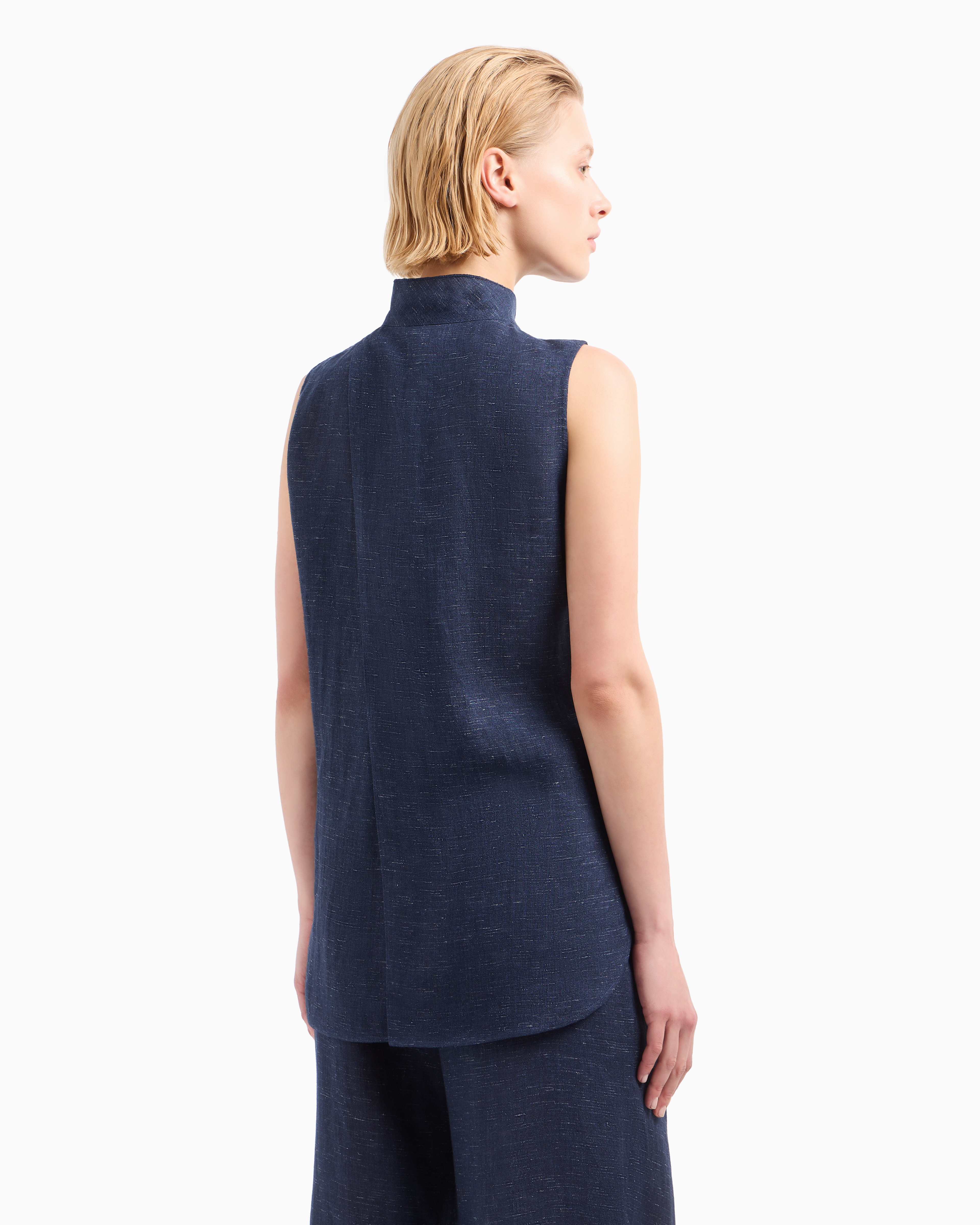 Emporio Armani Icon Linen-blend Chambray Oversized Top In Blue