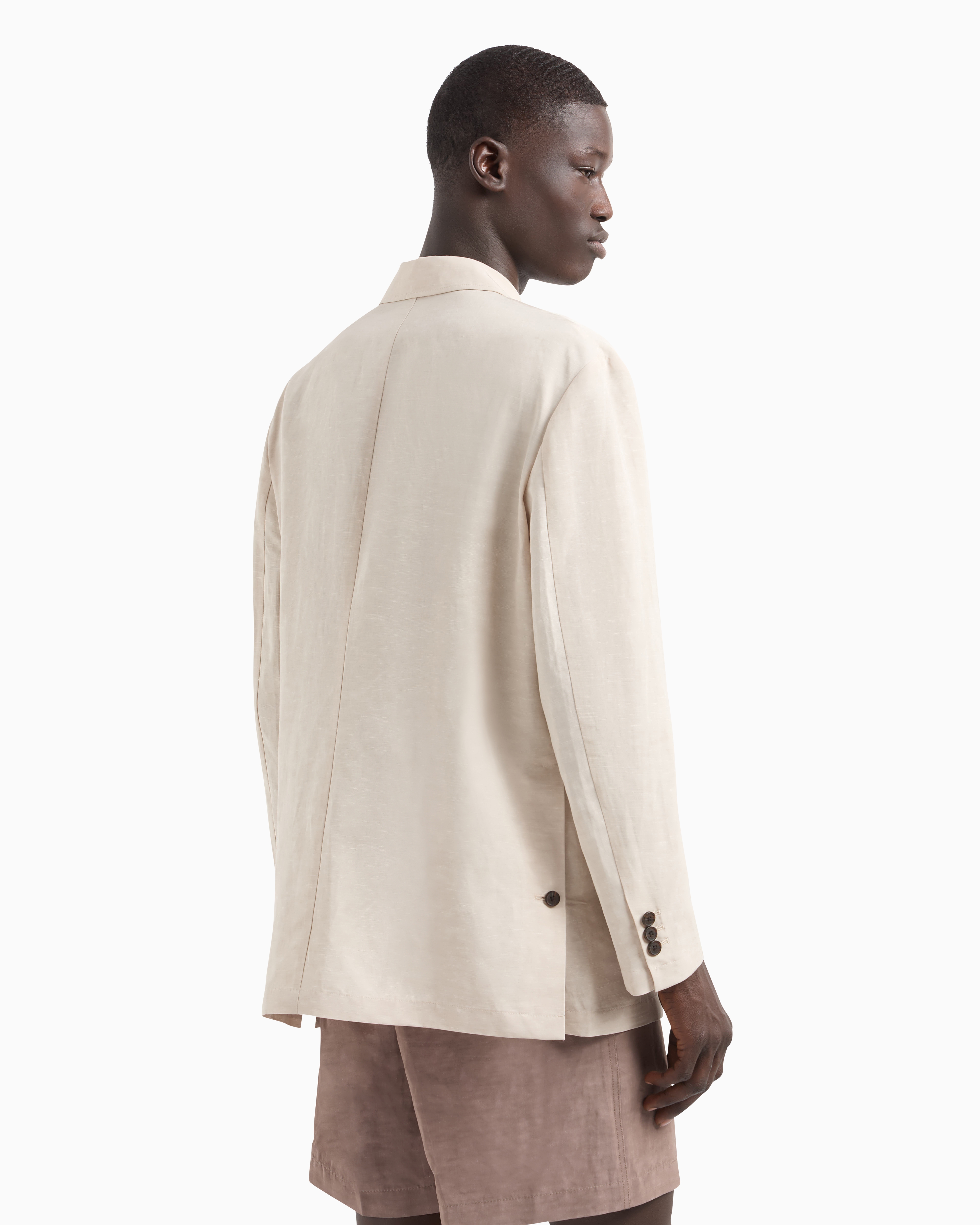 Emporio Armani Linen-blend Technical Double-breasted Blazer In Beige