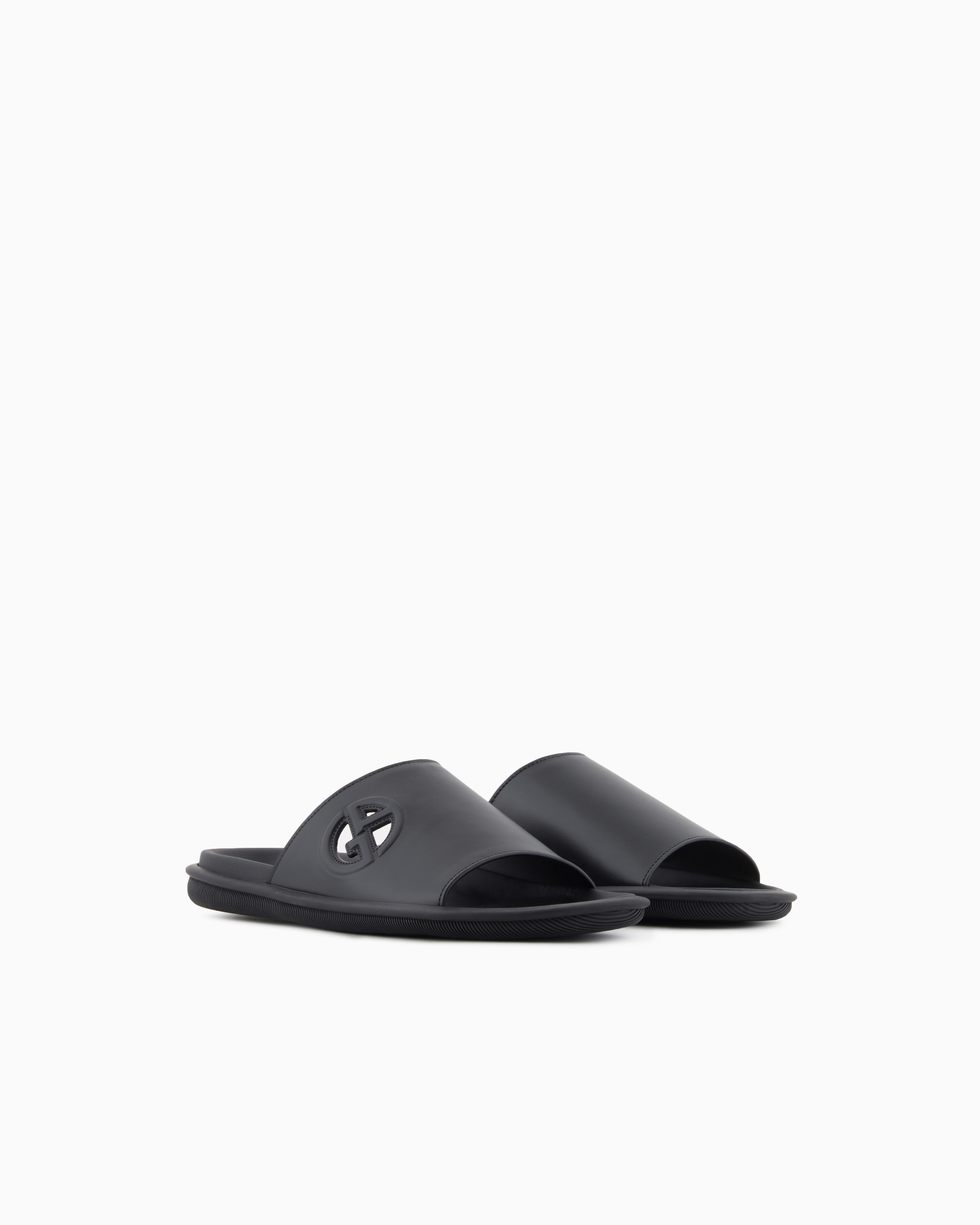 Giorgio Armani Logo Embossed Leather Slides In Black