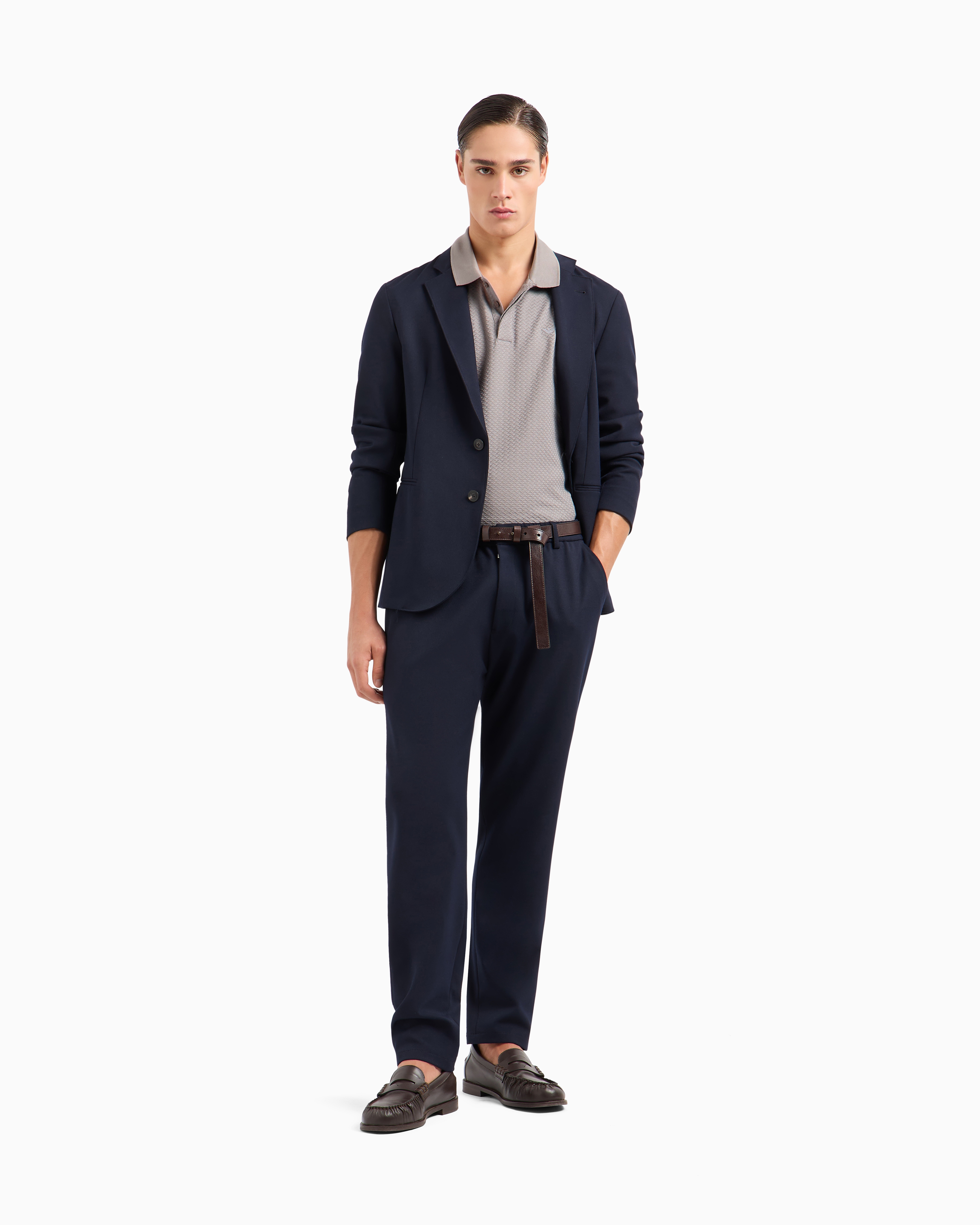 Emporio Armani Single-breasted Jacket In A Jacquard Double Jersey Knit In Blue