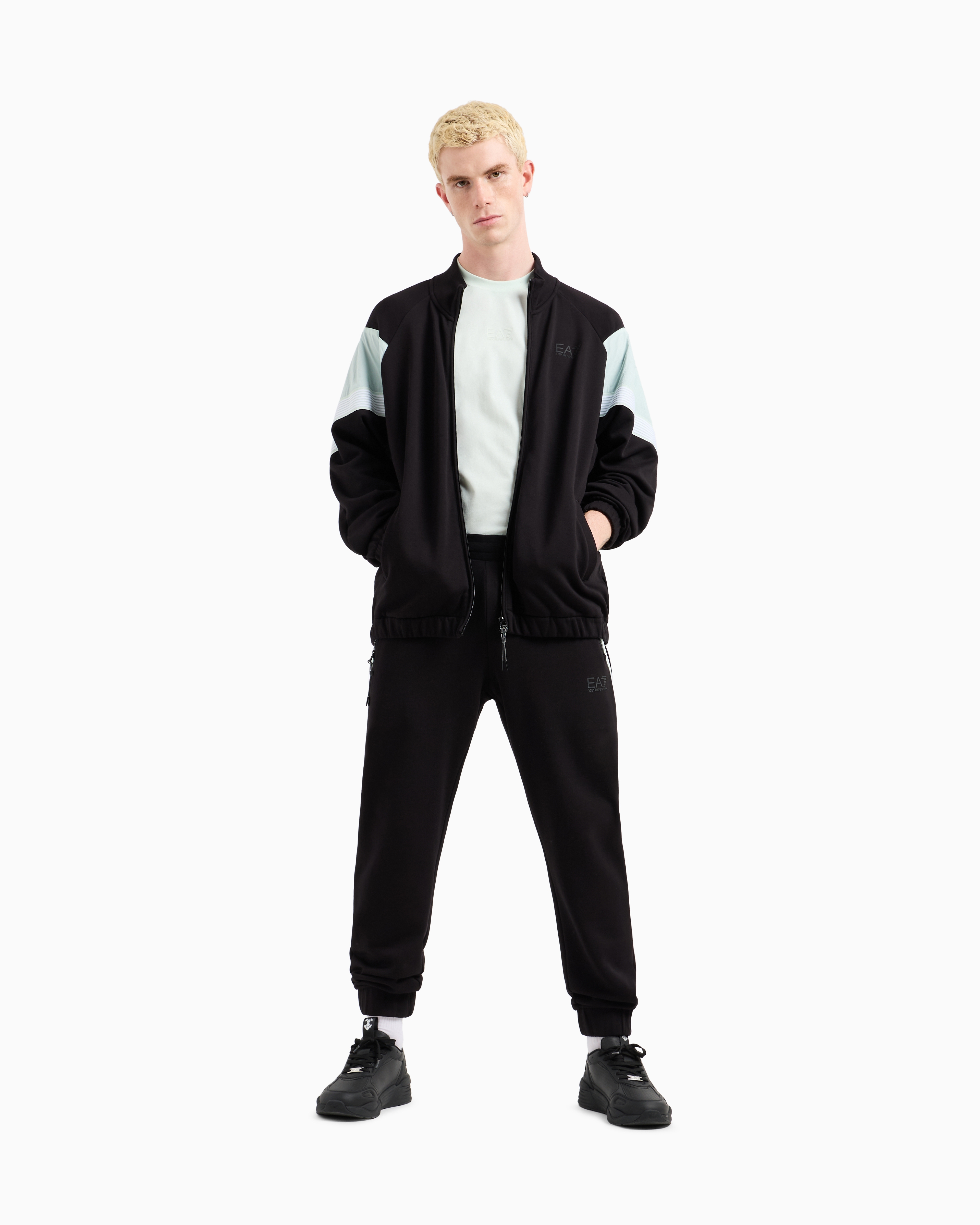 Ea7 7 Lines Cotton Jersey Zip-up Sweatshirt In Black