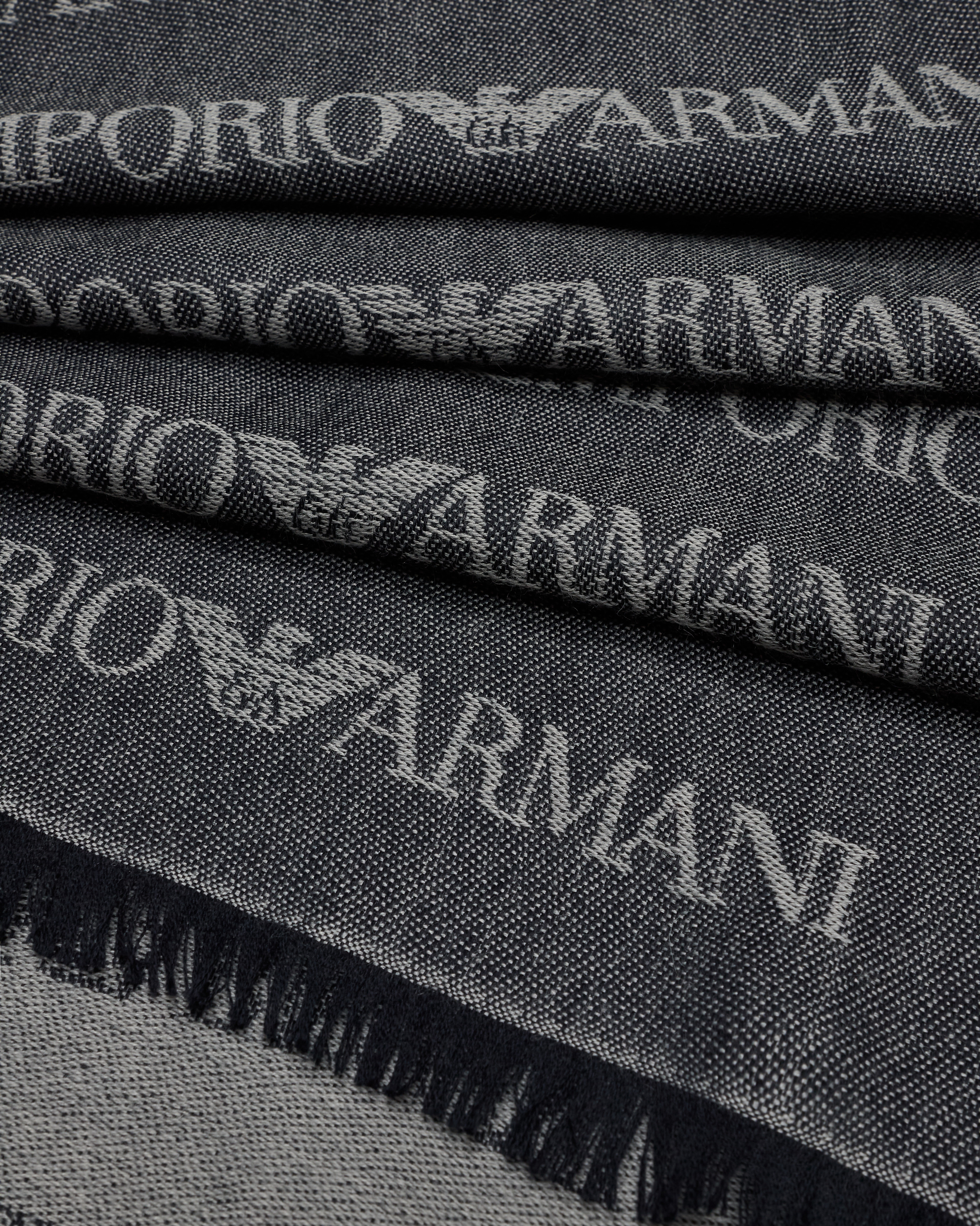 Emporio Armani Virgin-wool Blend Scarf With Jacquard Logo Lettering And Fringes In Blue