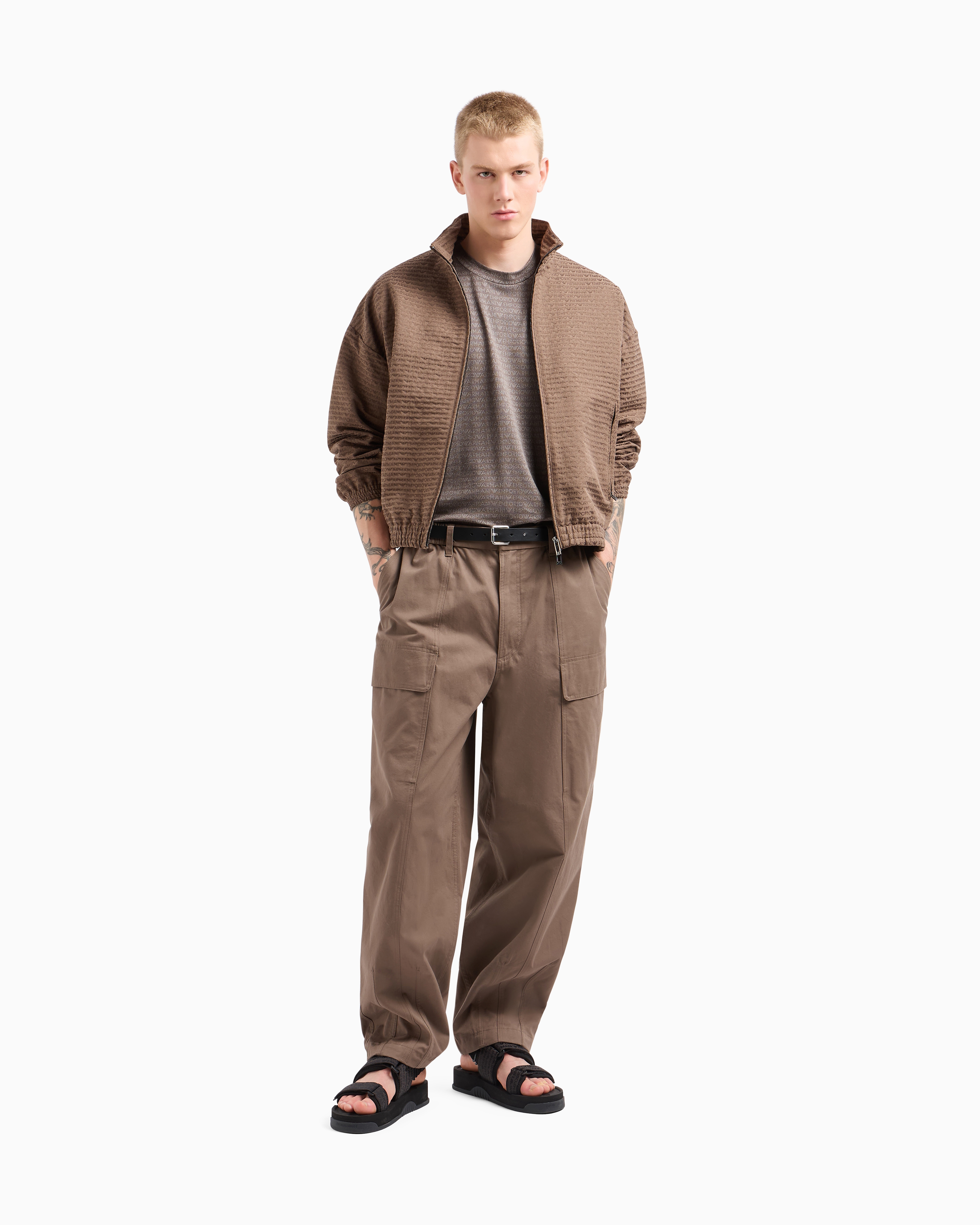 Emporio Armani Jersey T-shirt With All-over Jacquard Lettering In Brown