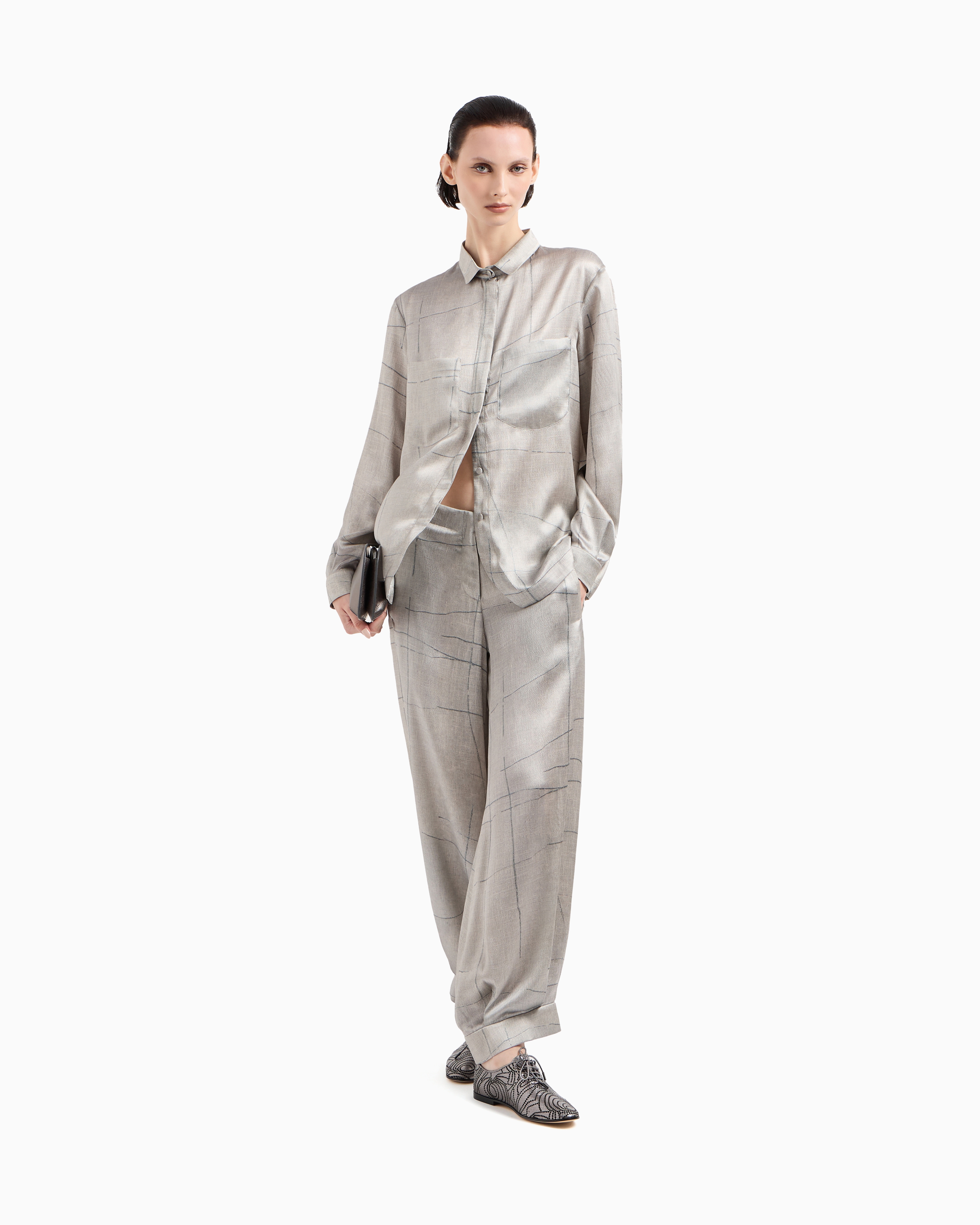 Giorgio Armani Printed Silk Satin Shirt In Grey