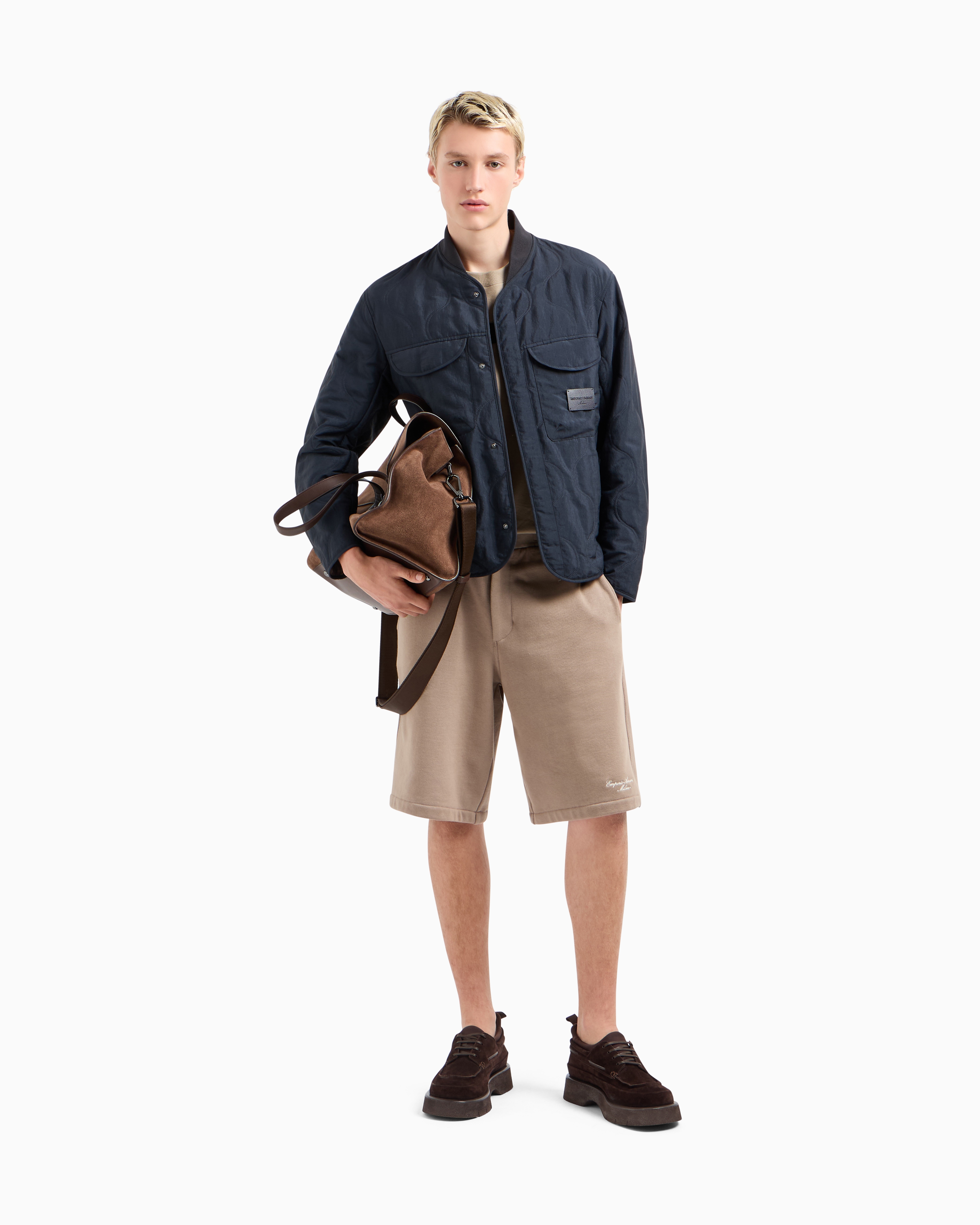 Emporio Armani Two-tone Wave Motif Quilted Nylon Blouson In Navy Blue