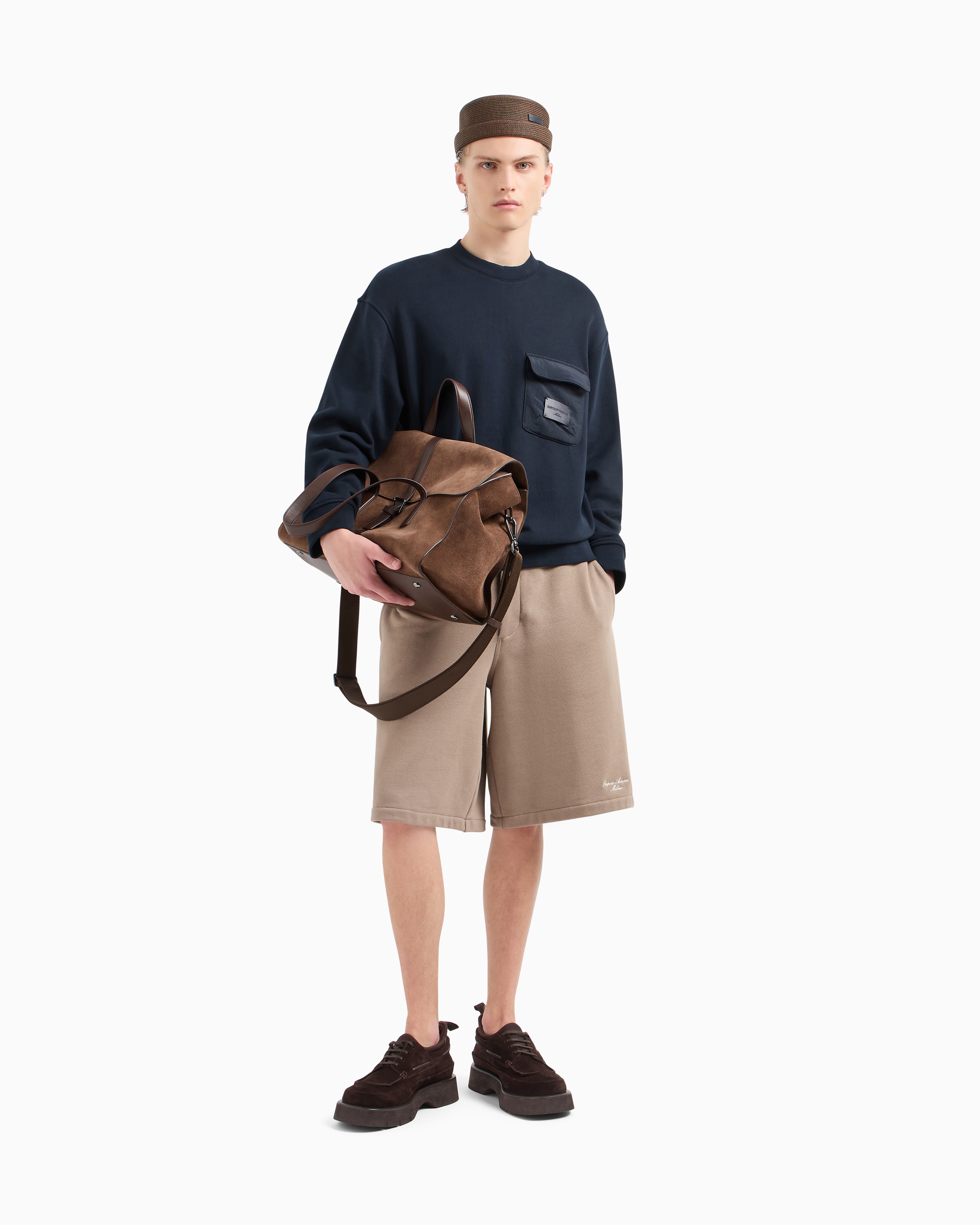 Emporio Armani French Terry Jersey Sweatshirt With Padded Pocket And Logo Patch In Navy_blue