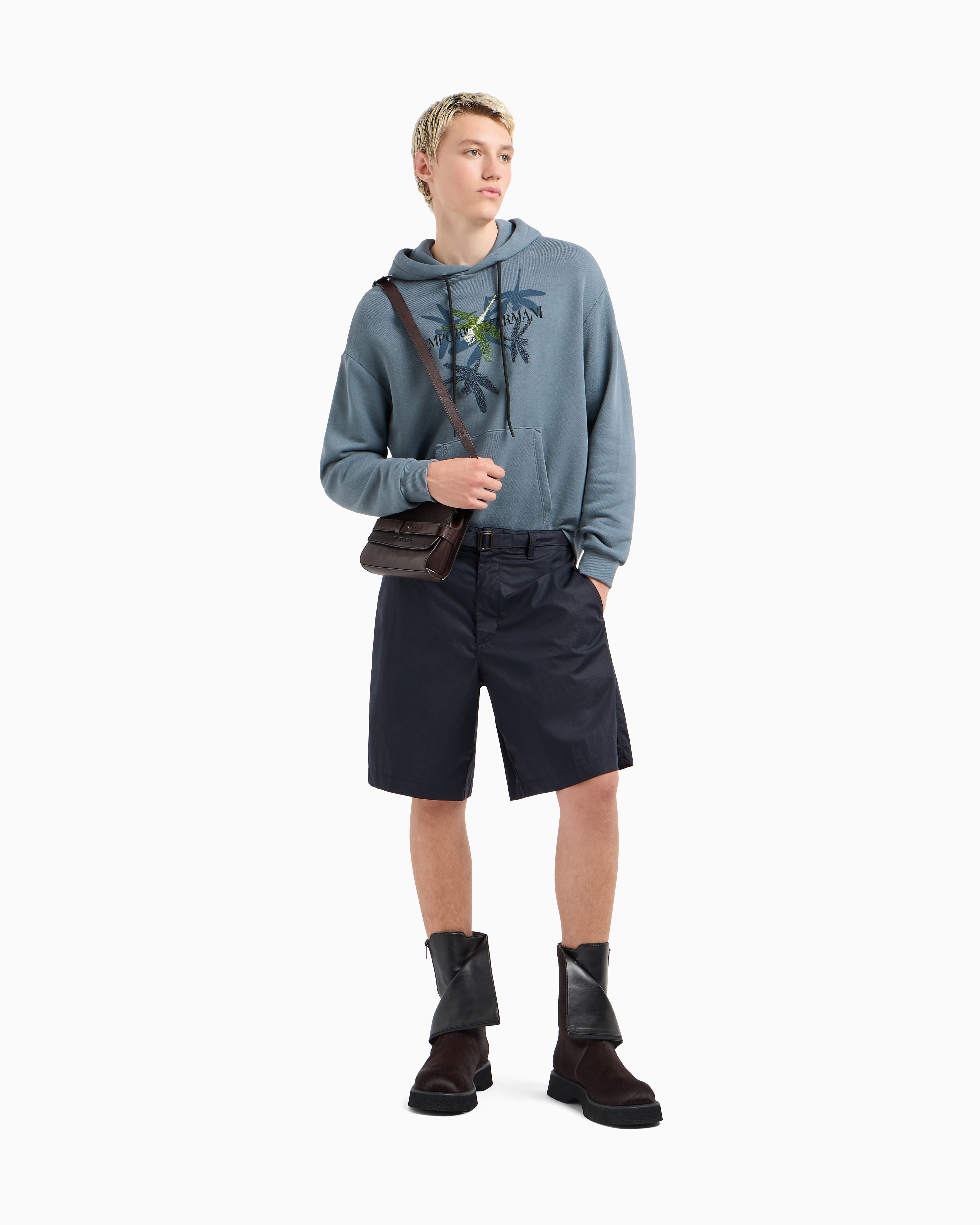 Emporio Armani Jersey Hooded Sweatshirt With Dragonfly Print And Embroidery In Blue