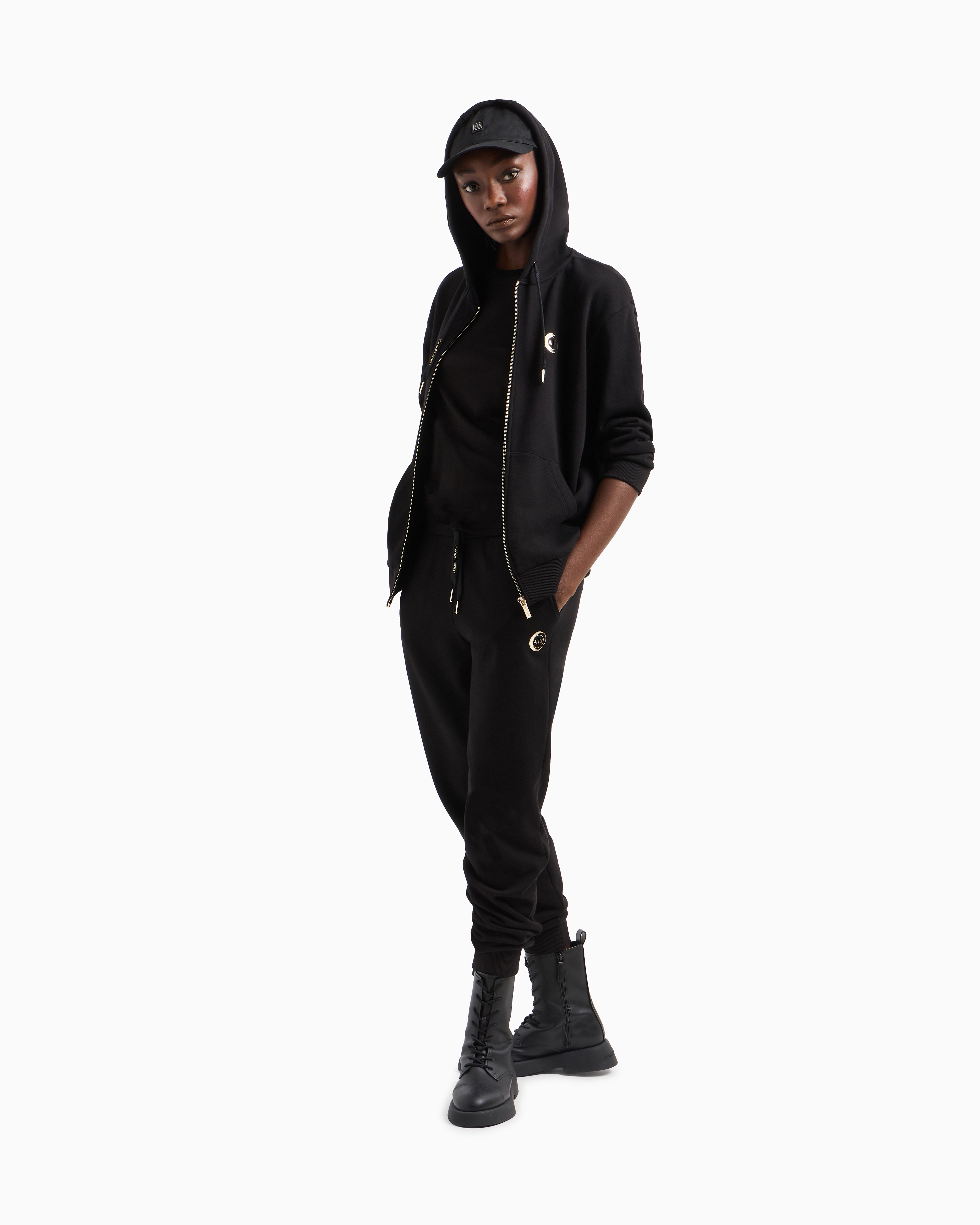 Armani Exchange Metal Logo Zip Up Hoodie In Black