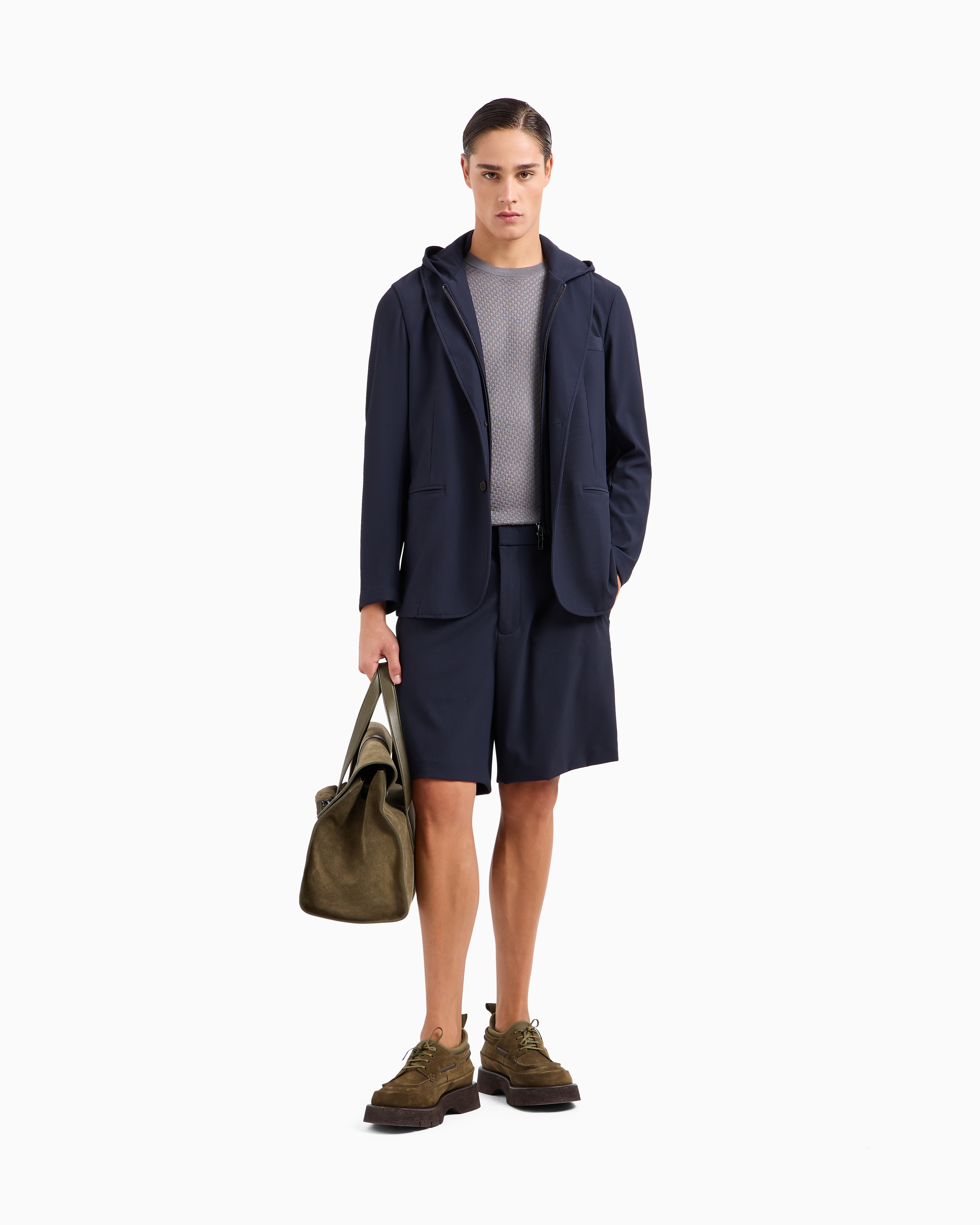 Emporio Armani Canneté-effect Stretch Nylon Bermuda Shorts In Navy Blue