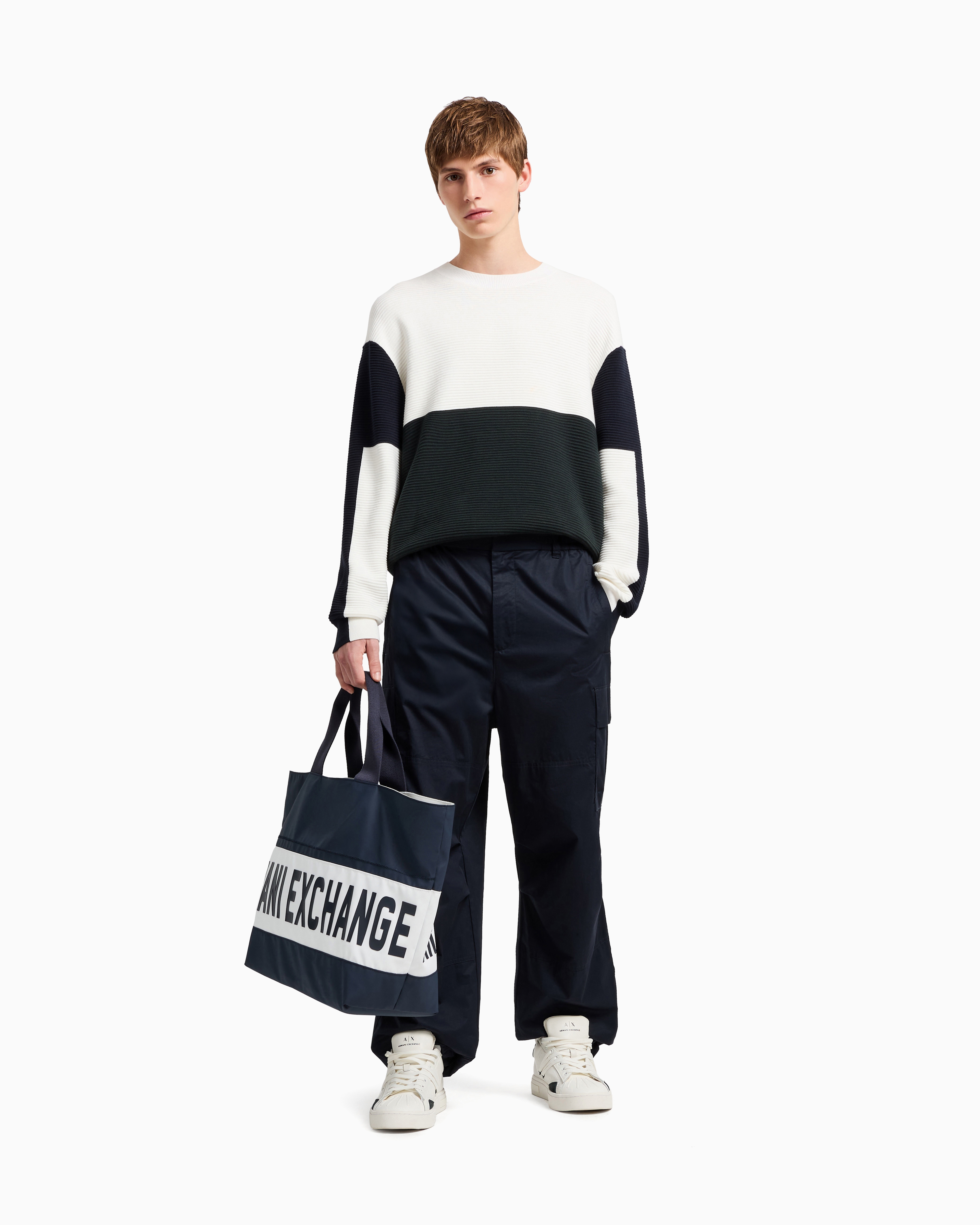 Armani Exchange Oversized Cargo Trousers In Cotton Twill In Navy Blue