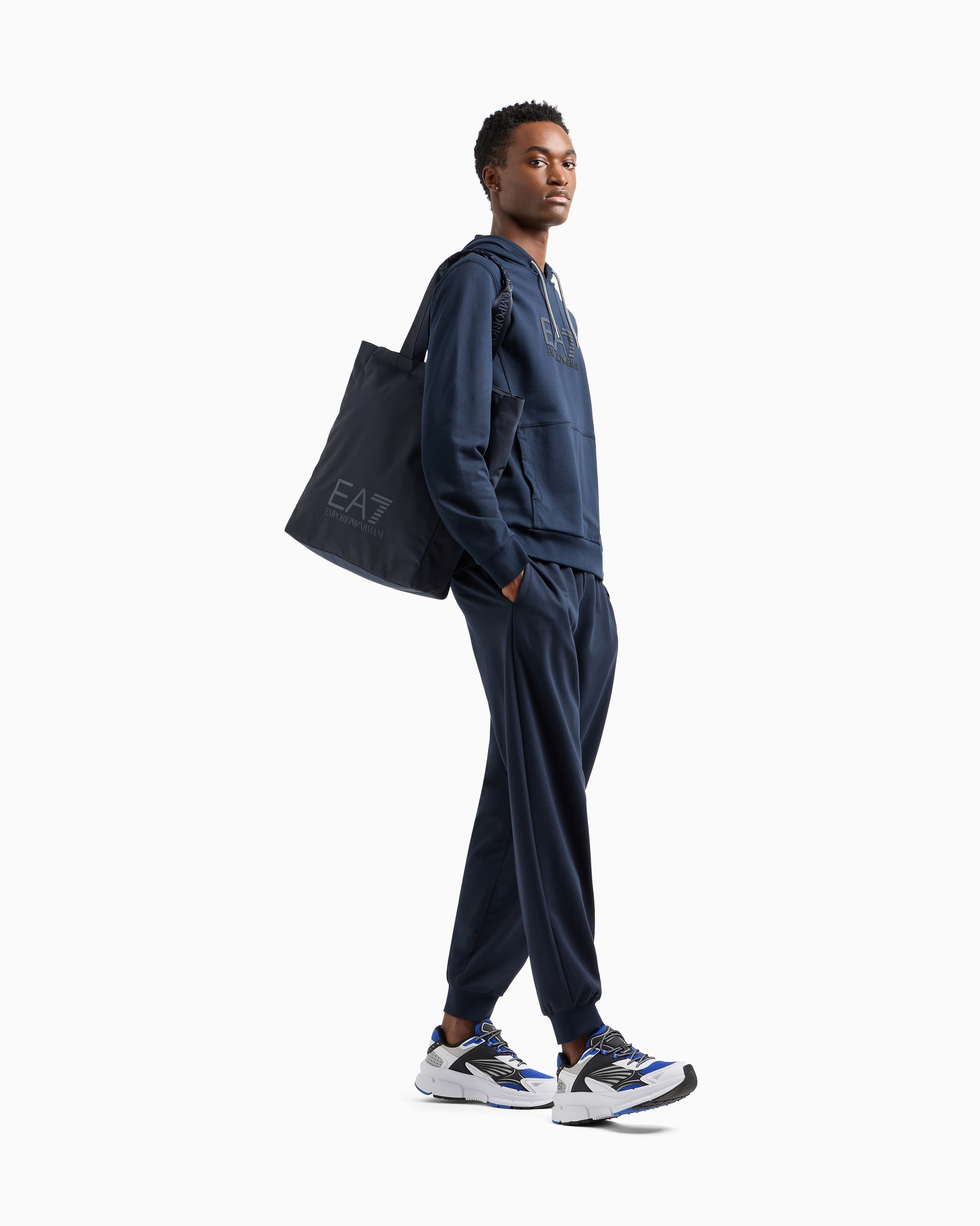 Ea7 Cotton Hooded Visibility Sweatshirt In Navy Blue