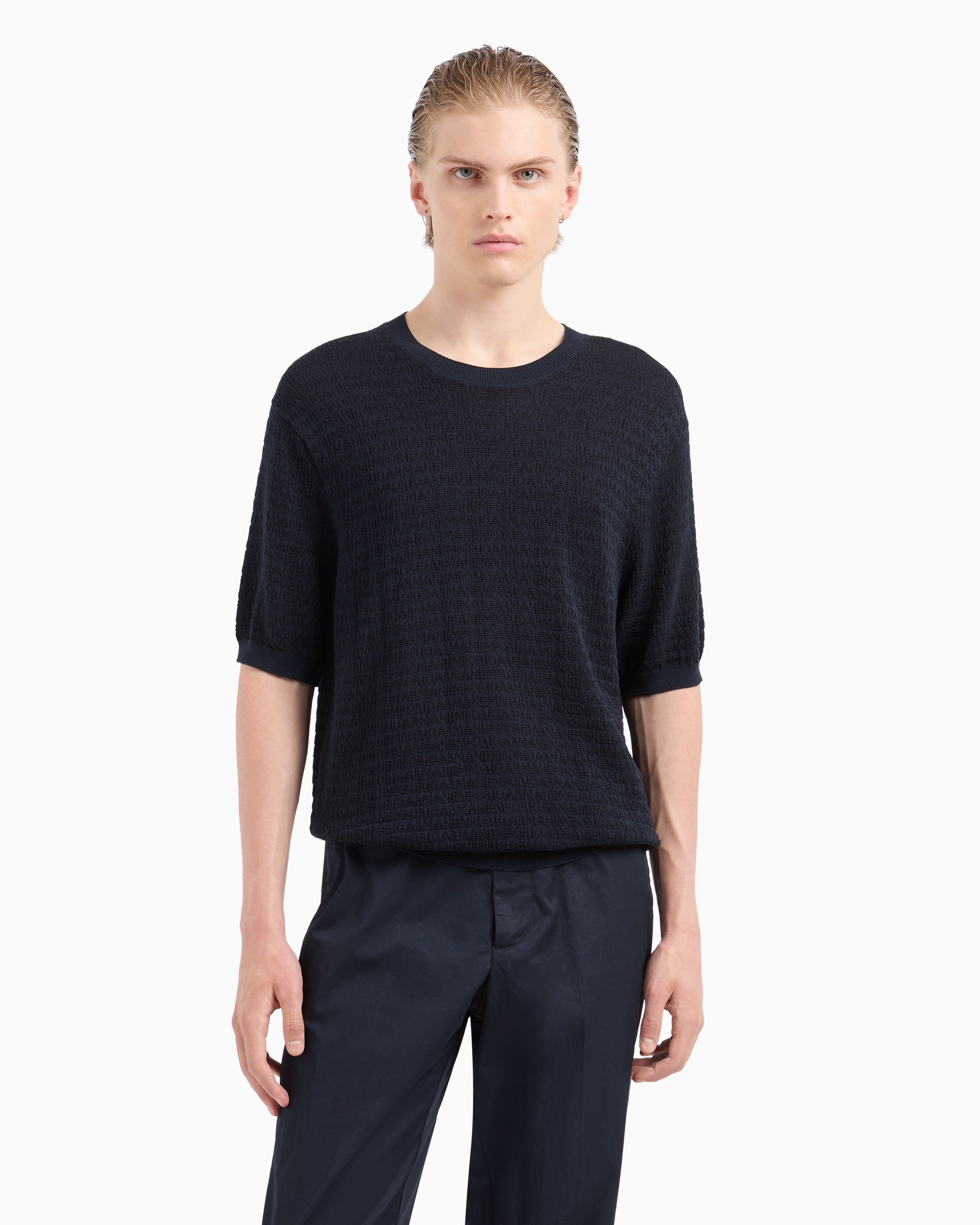 Emporio Armani Asv Lyocell-blend Jumper With Lettering Intarsia In Navy Blue