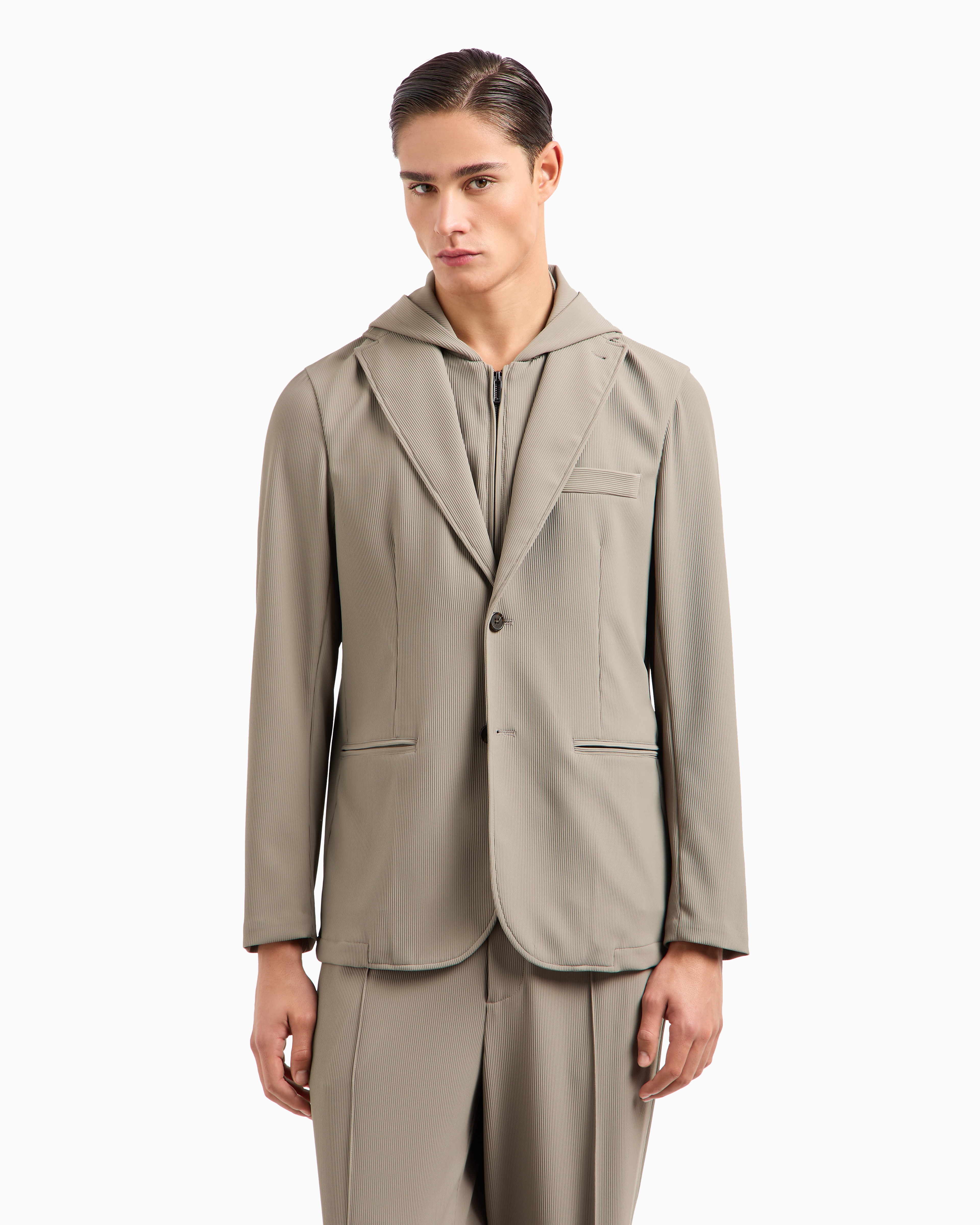 Emporio Armani Regular Fit Detachable Hooded Inner Bib Blazer In Beige