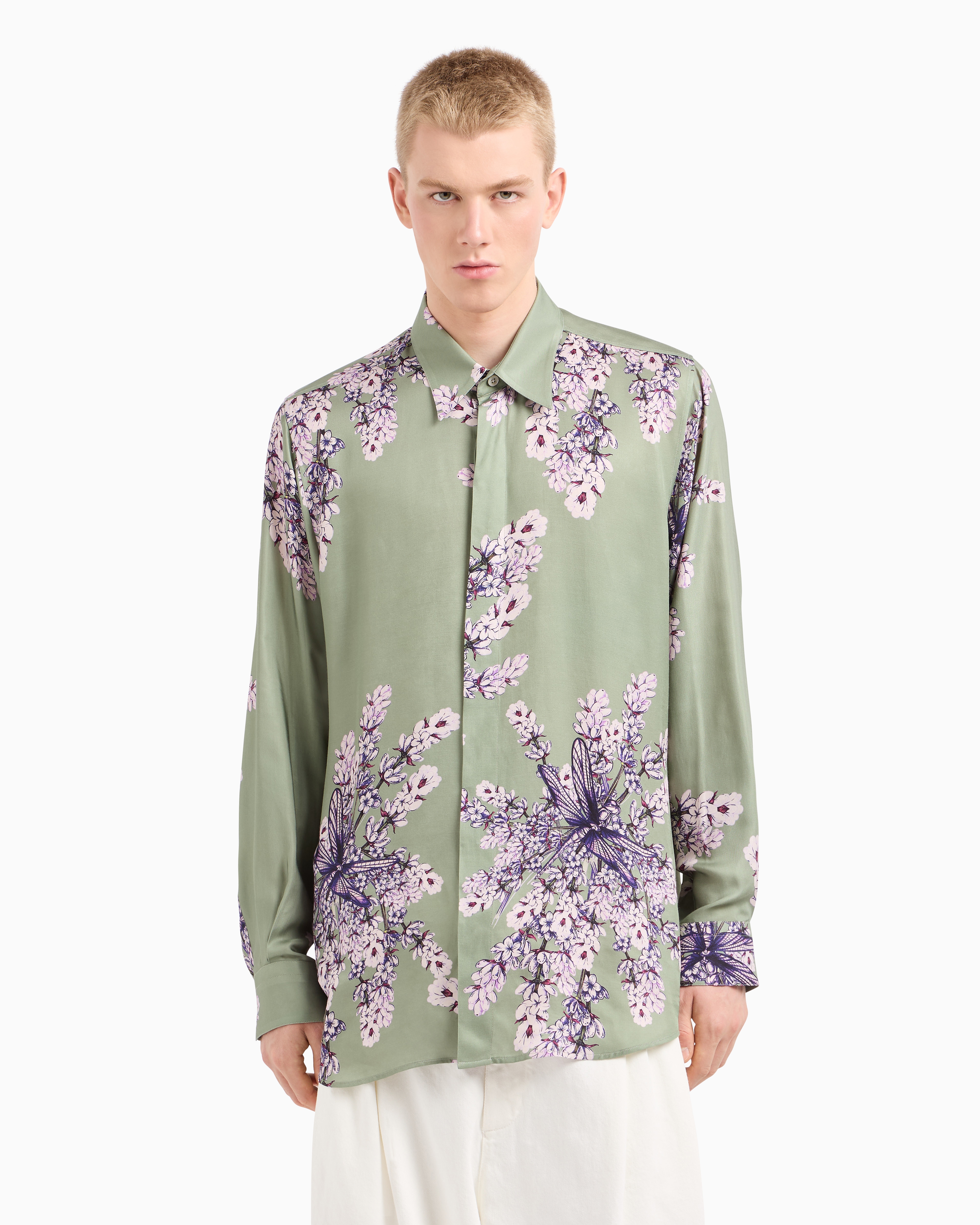 Emporio Armani Floral Print Silk Regular Fit Button Down Shirt In Patterned