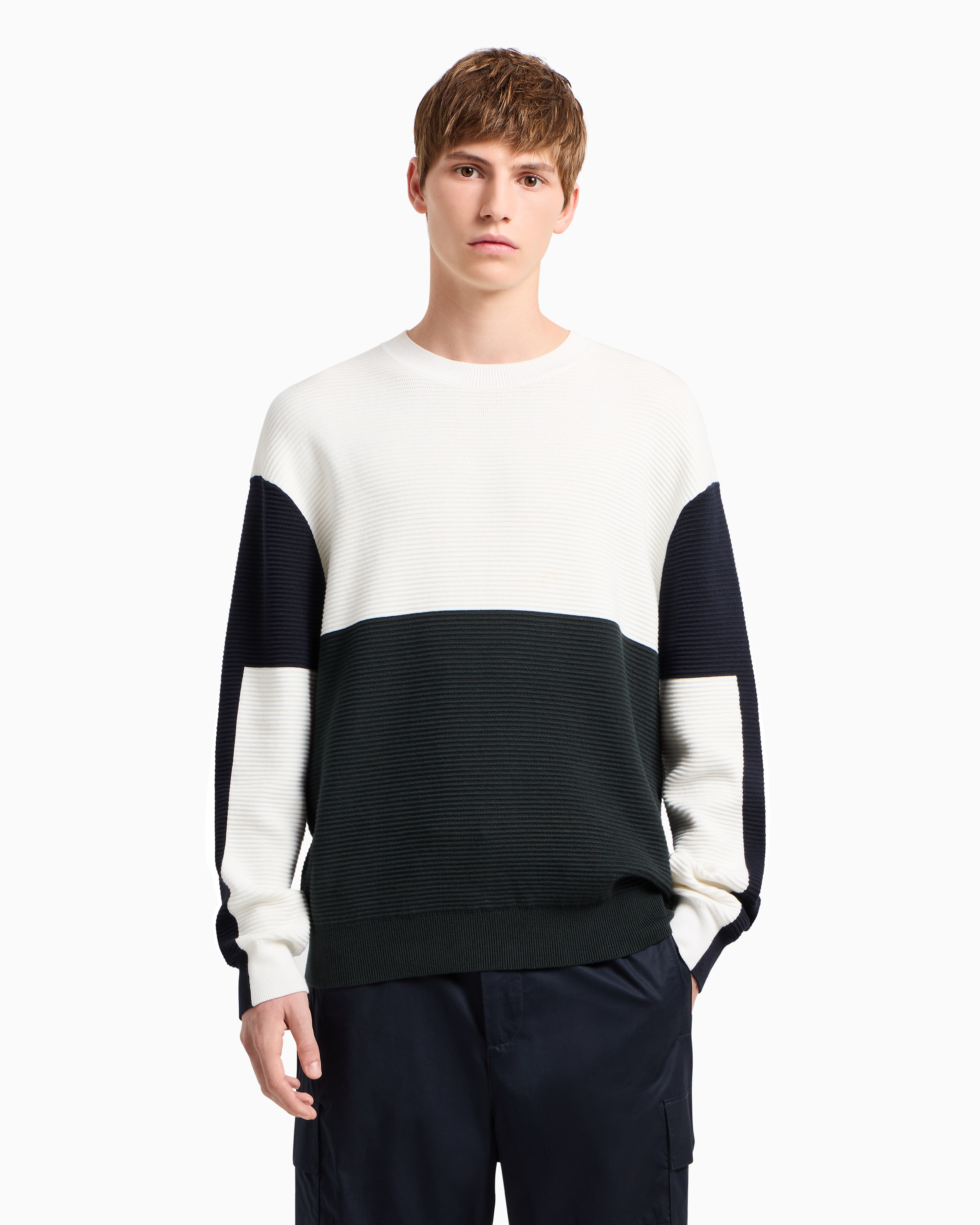 Armani Exchange Color Block Ribbed Crew Neck Sweater In White