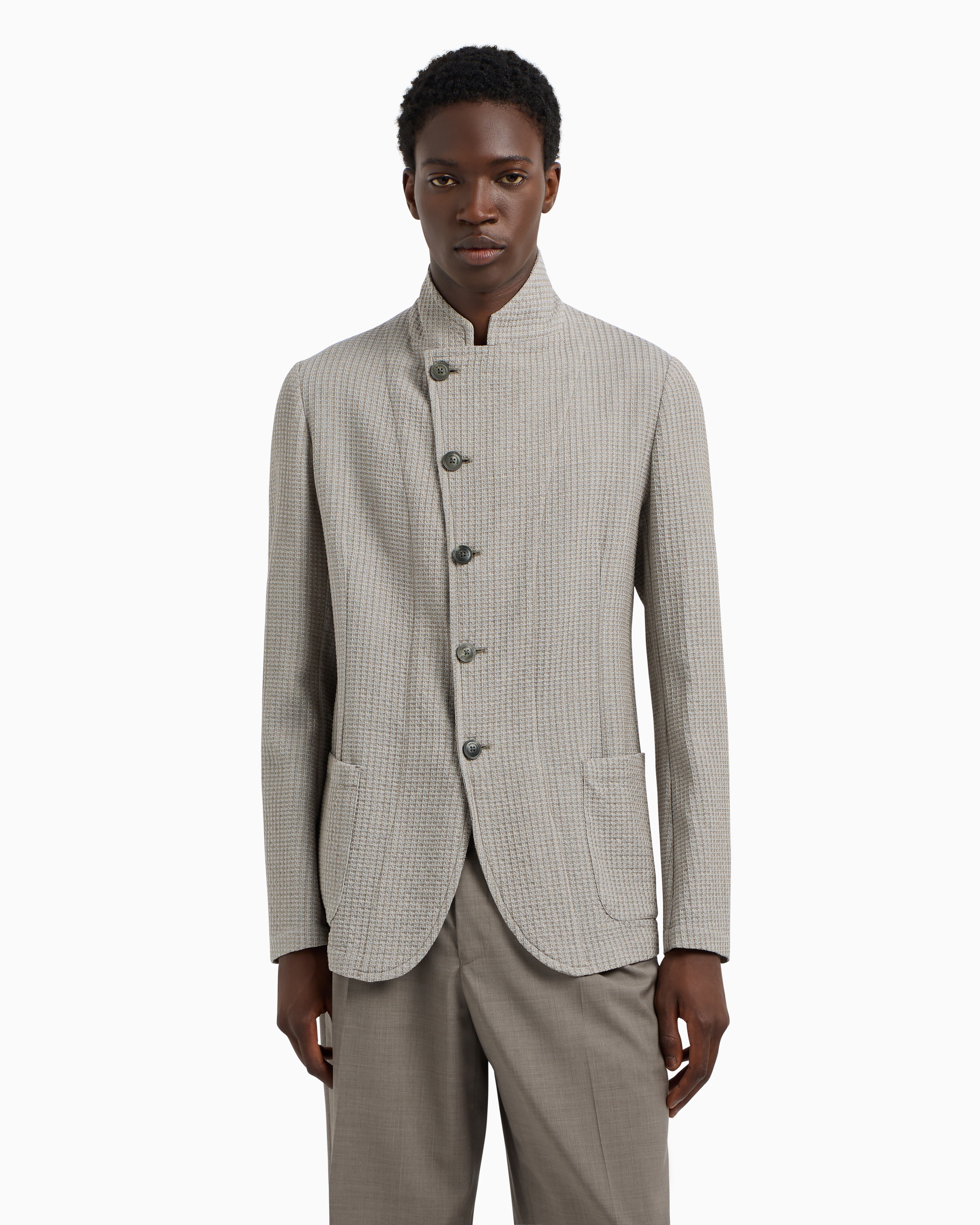 Emporio Armani Mens Beige Scuro Melange Chunky-knit Asymmetric Wool-blend Blazer In Brown