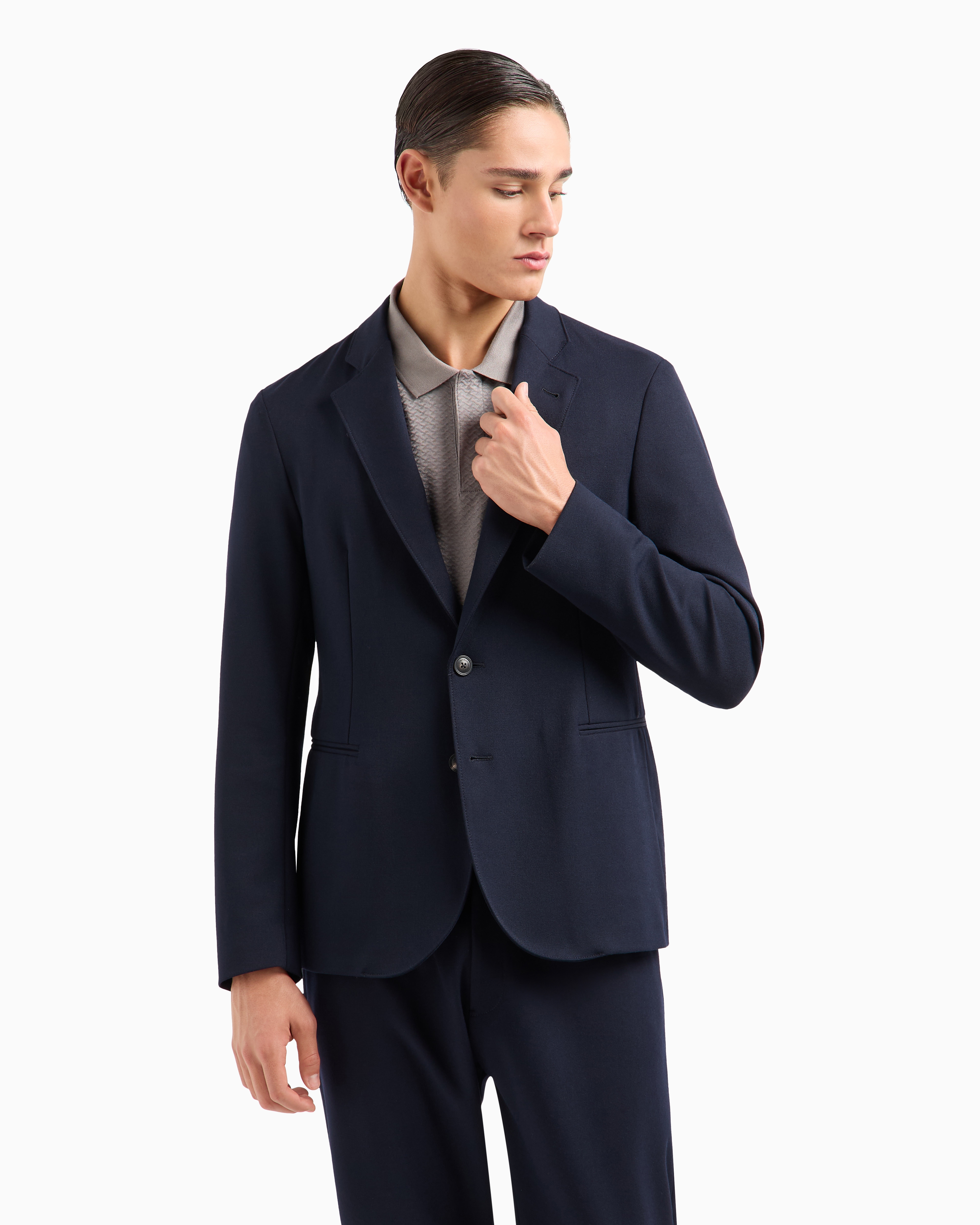 Emporio Armani Single-breasted Jacket In A Jacquard Double Jersey Knit In Blue