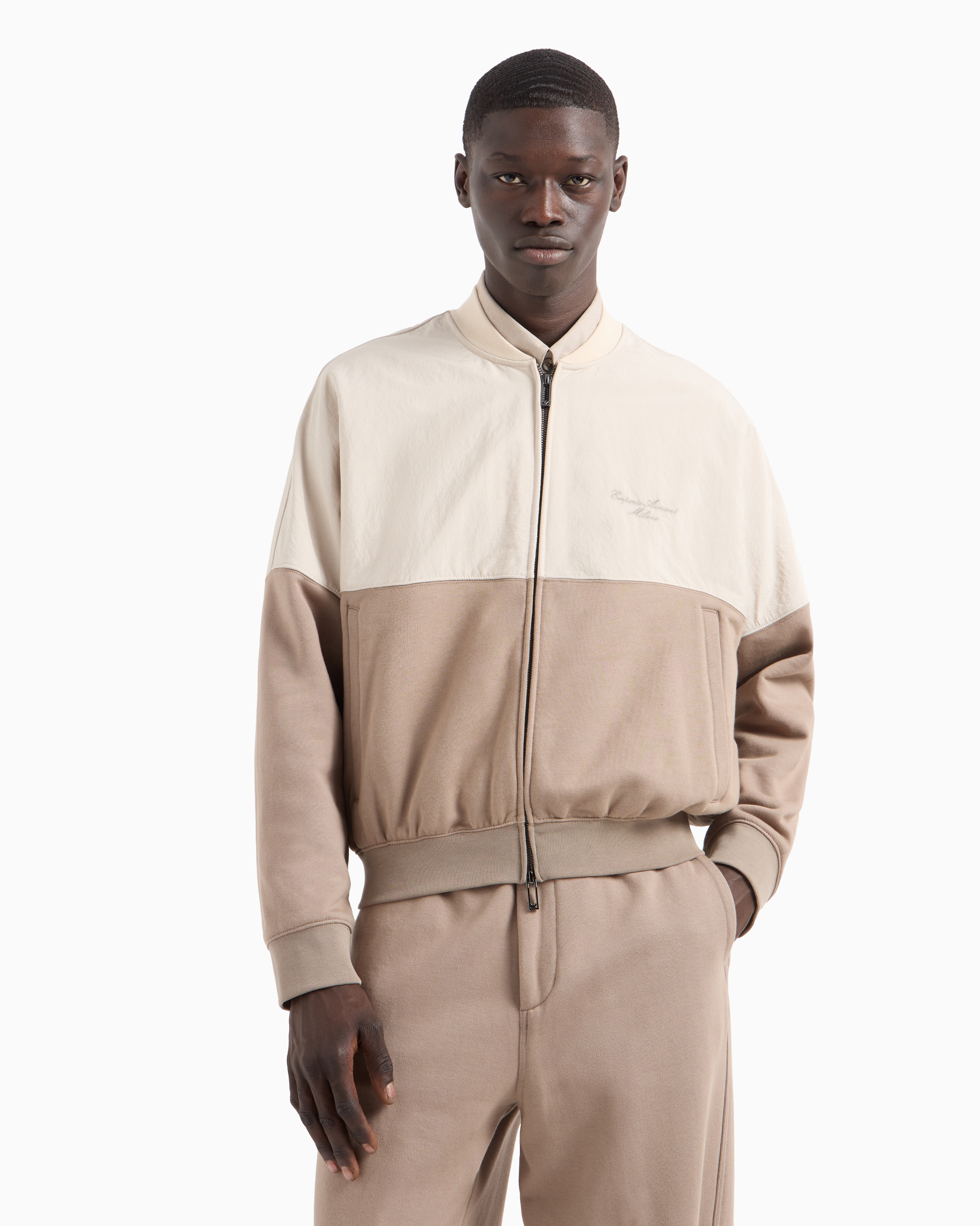 Emporio Armani Zip-up Sweatshirt In Nylon And French Terry Jersey With Logo Embroidery In Beige