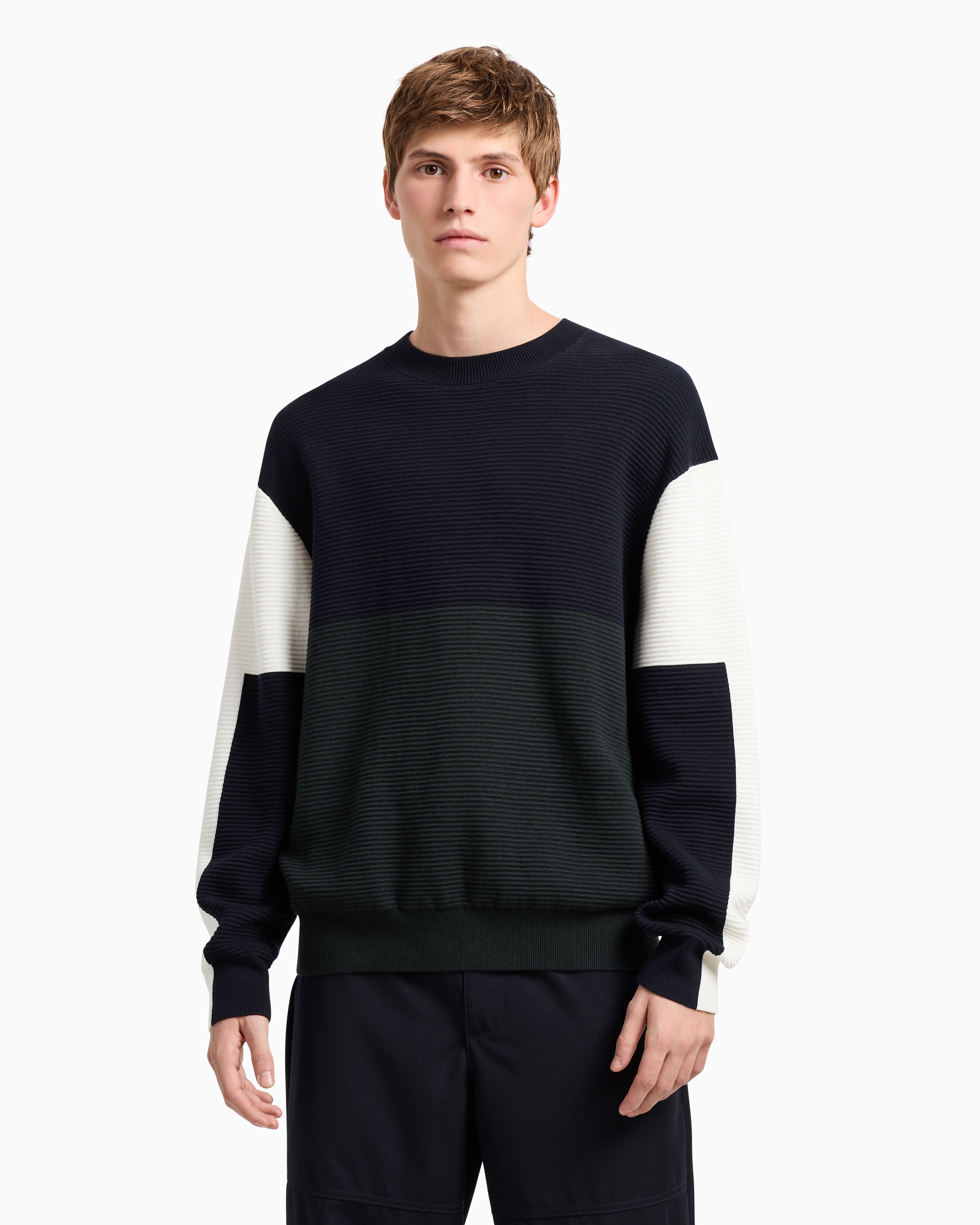 Armani Exchange Color Block Ribbed Crew Neck Sweater In Blue