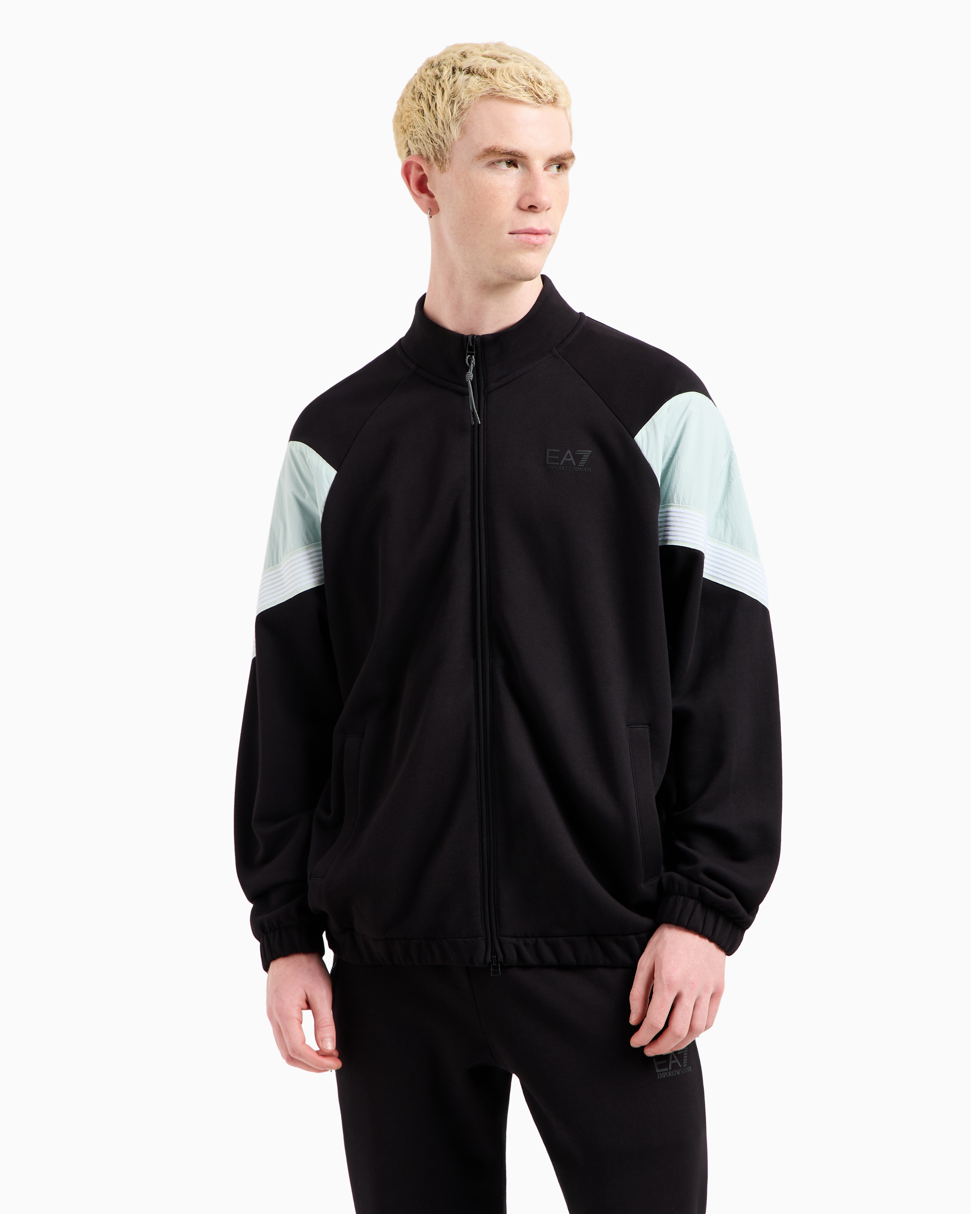 Ea7 7 Lines Cotton Jersey Zip-up Sweatshirt In Black