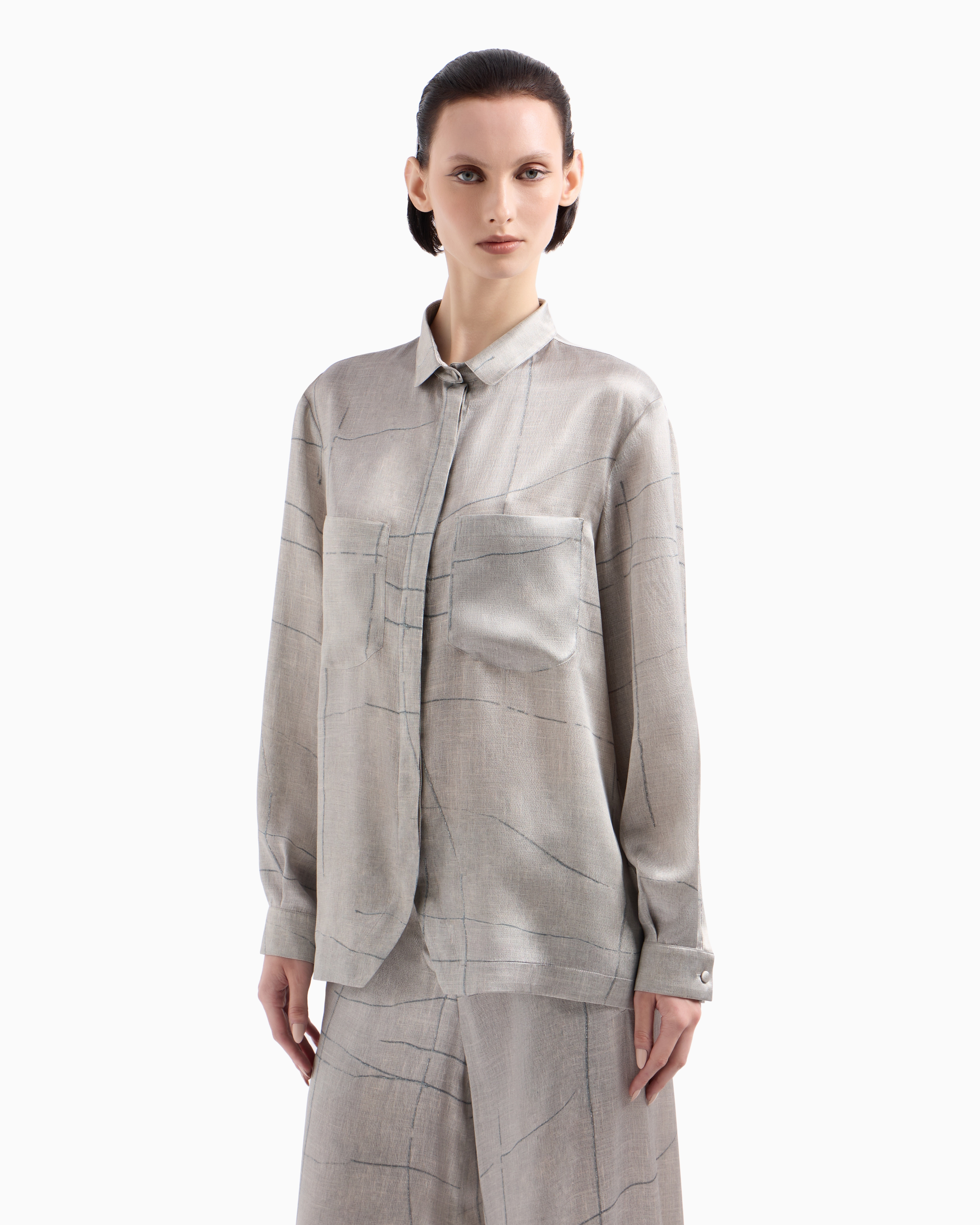 Giorgio Armani Printed Silk Satin Shirt In Grey