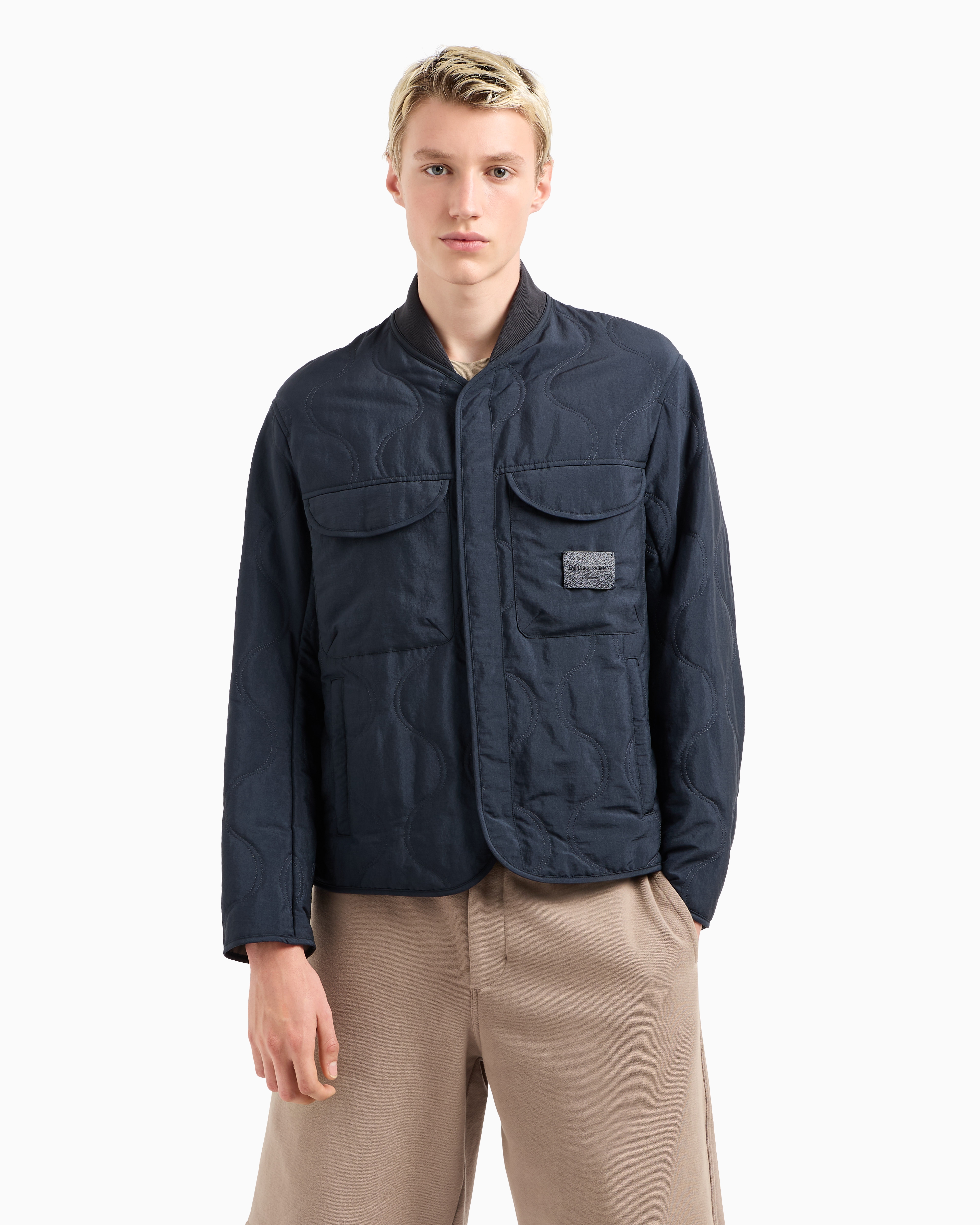 Emporio Armani Two-tone Wave Motif Quilted Nylon Blouson In Navy Blue