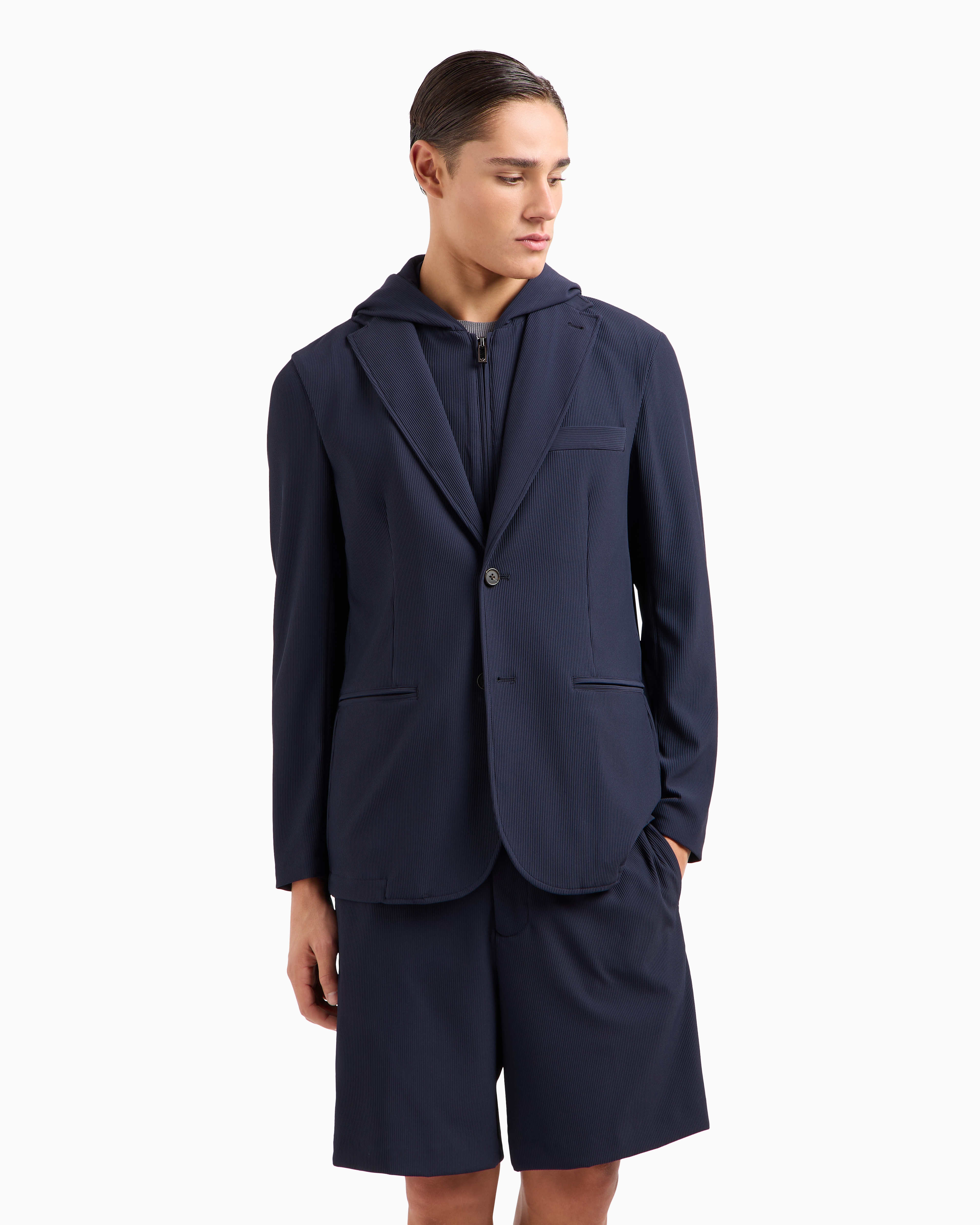 Emporio Armani Canneté Fabric Jacket With Detachable Panel In Navy Blue