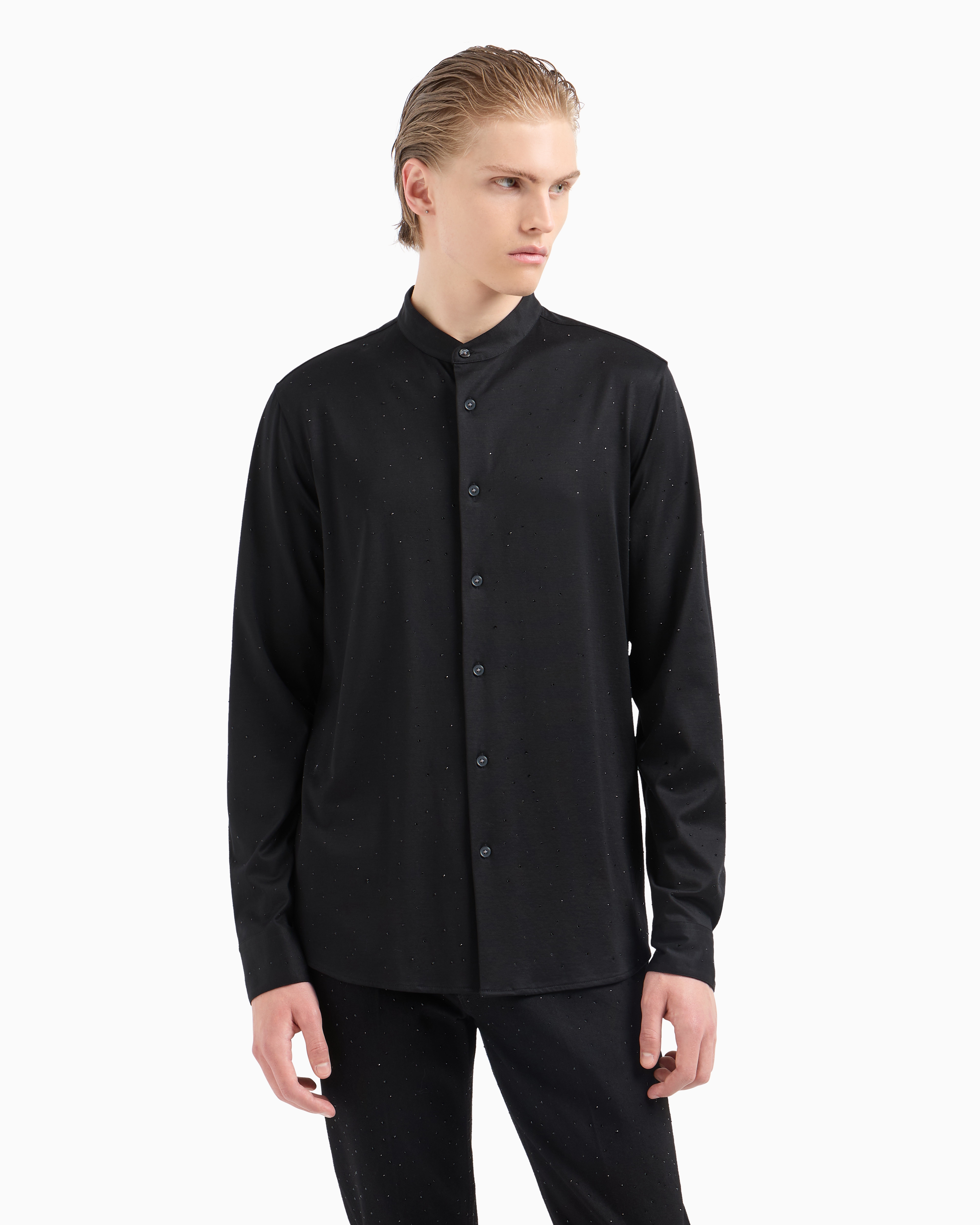 EMPORIO ARMANI ASV CLUBWEAR GURU-COLLAR SHIRT IN A LYOCELL BLEND JERSEY WITH ALL-OVER RHINESTONES