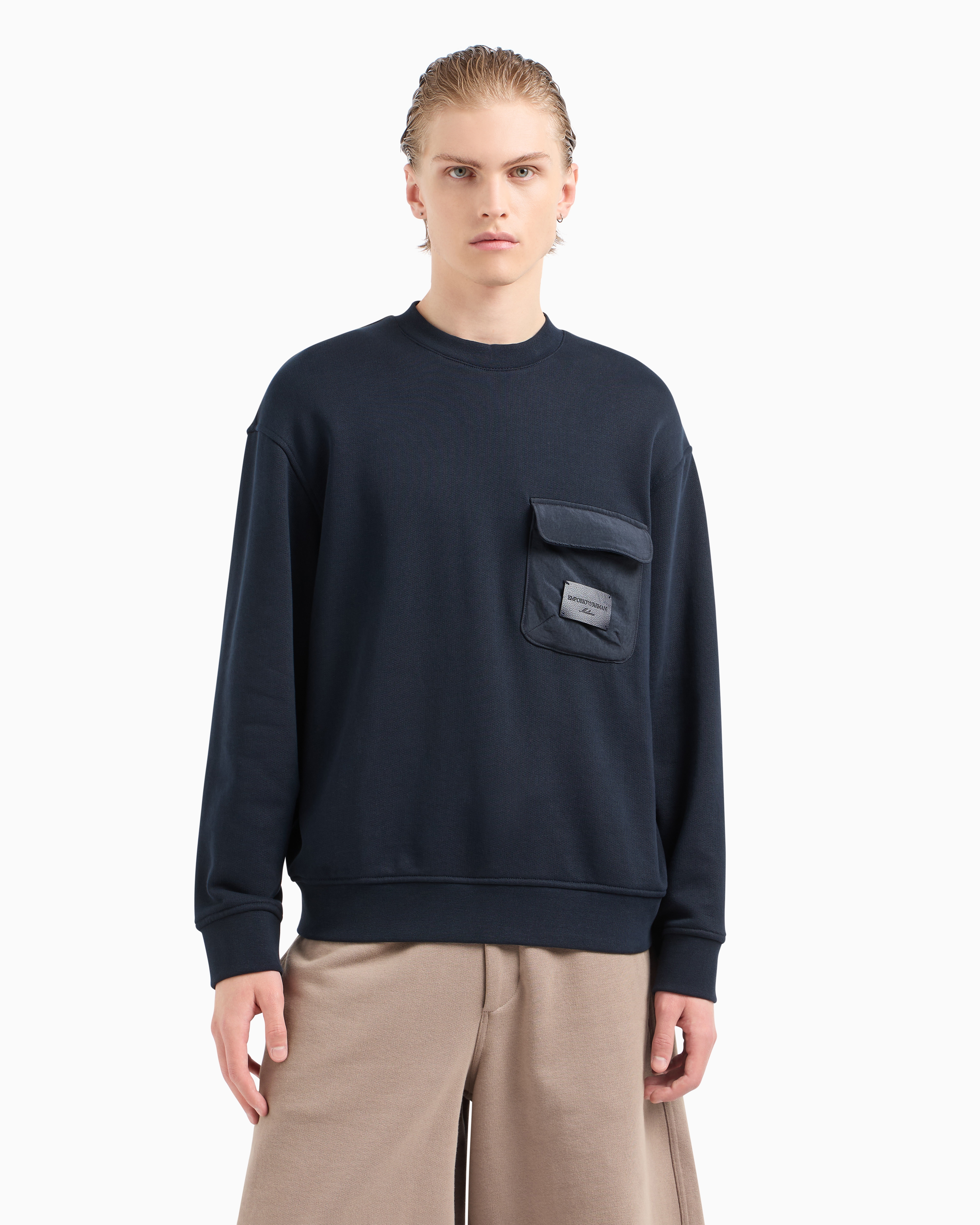 Emporio Armani French Terry Jersey Sweatshirt With Padded Pocket And Logo Patch In Navy_blue