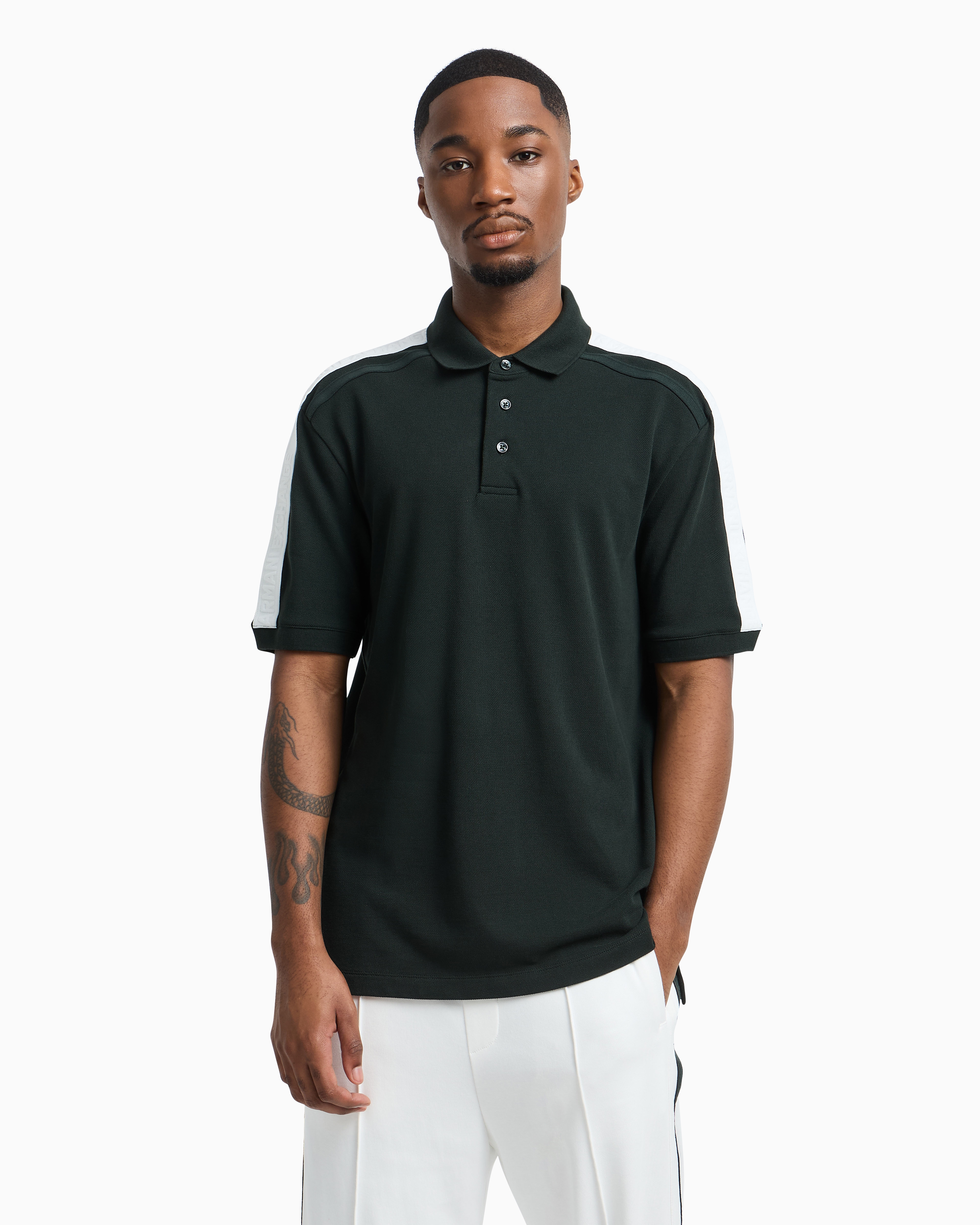 Armani Exchange Regular Fit Piquet Polo With Shoulder Bands In Green
