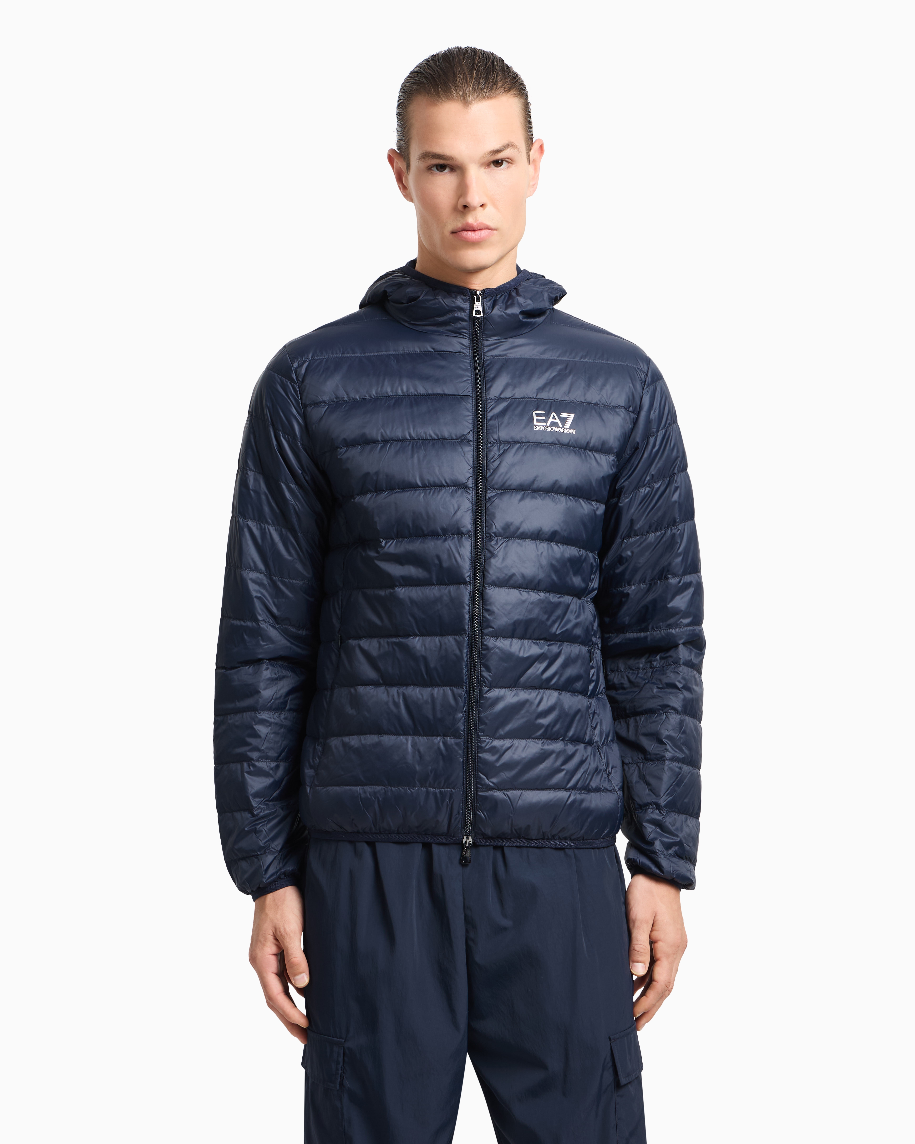 Ea7 Emporio Armani Hooded Ultra-light Down Jacket In Blue
