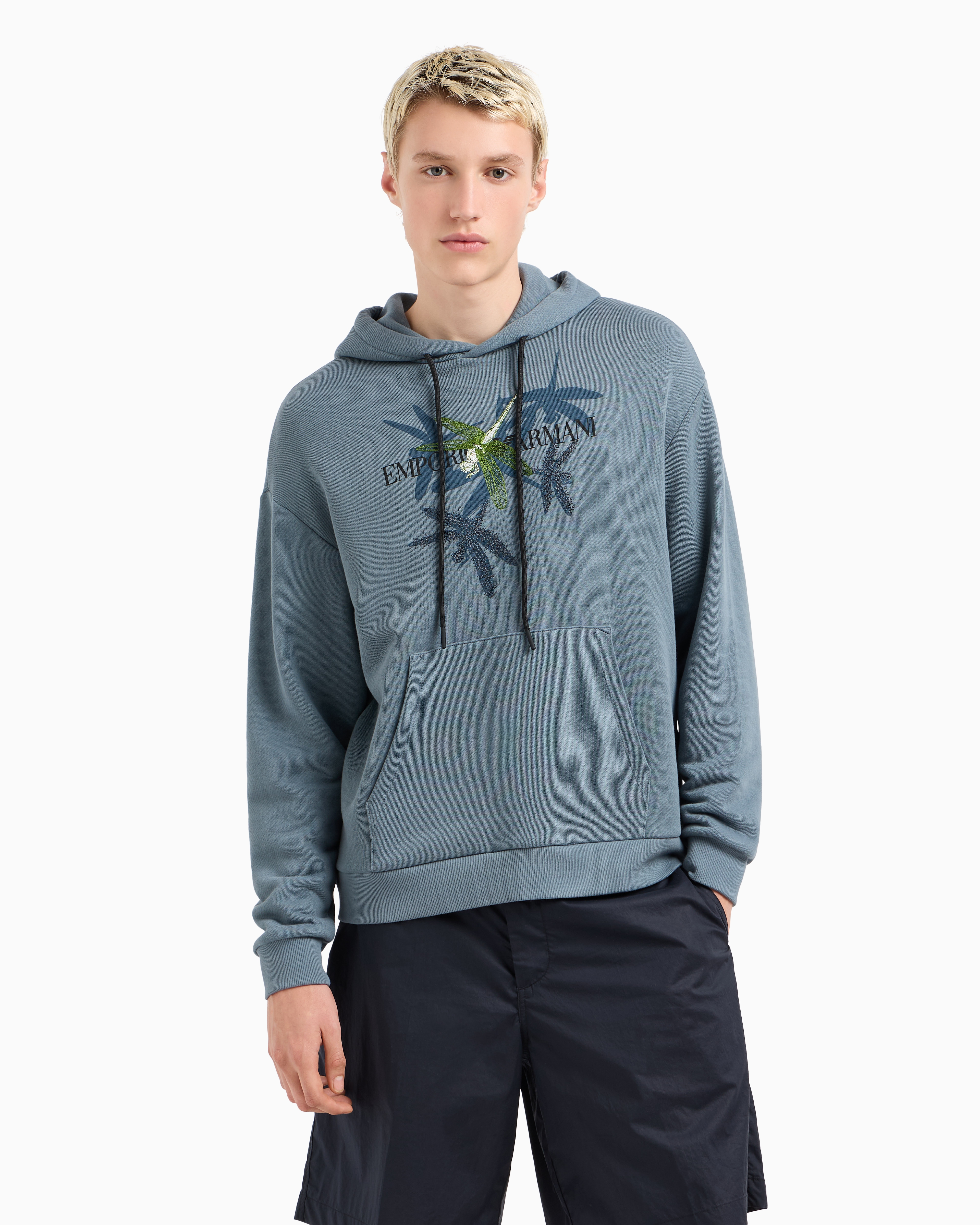 Emporio Armani Jersey Hooded Sweatshirt With Dragonfly Print And Embroidery In Blue