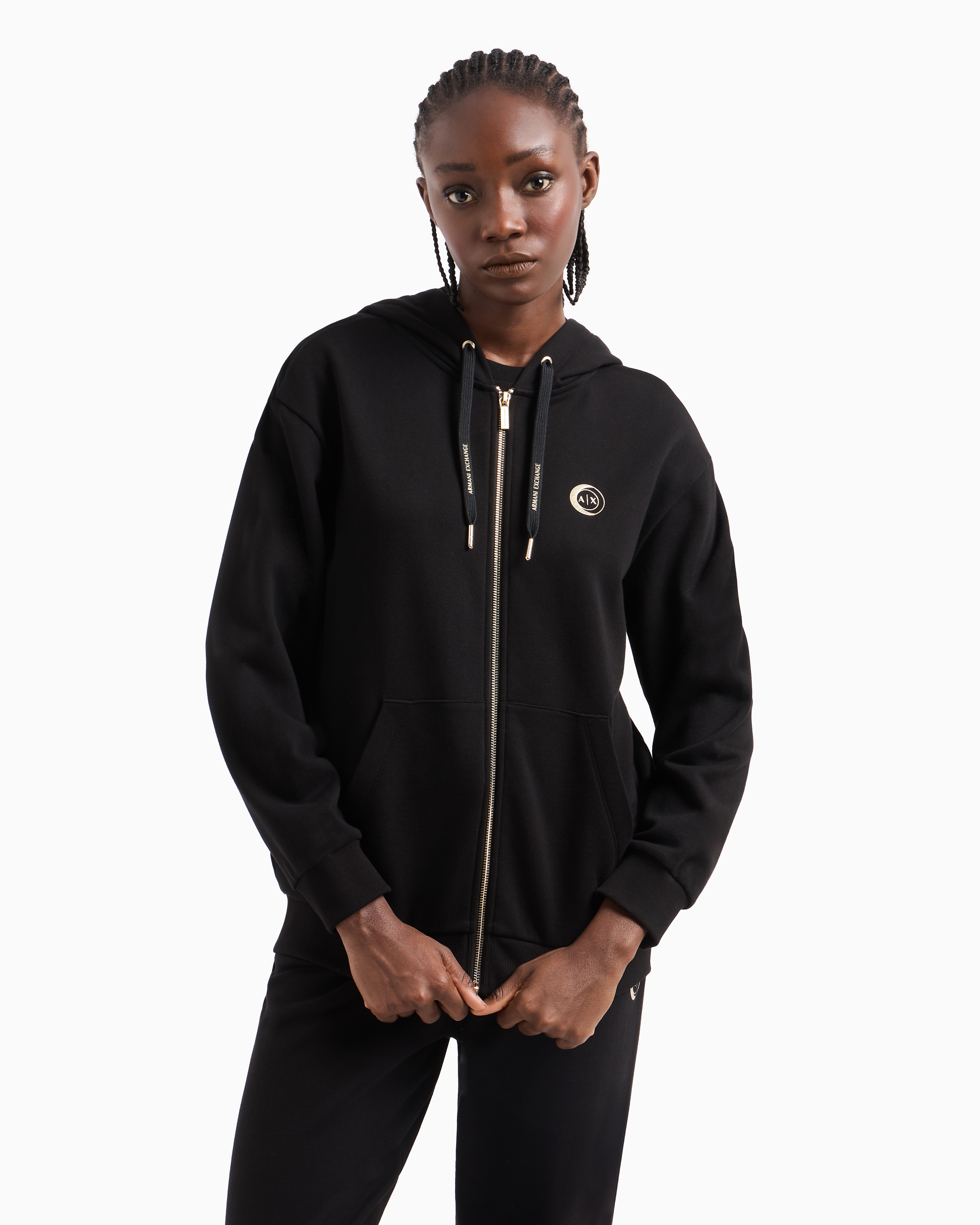 Armani Exchange Metal Logo Zip Up Hoodie In Black