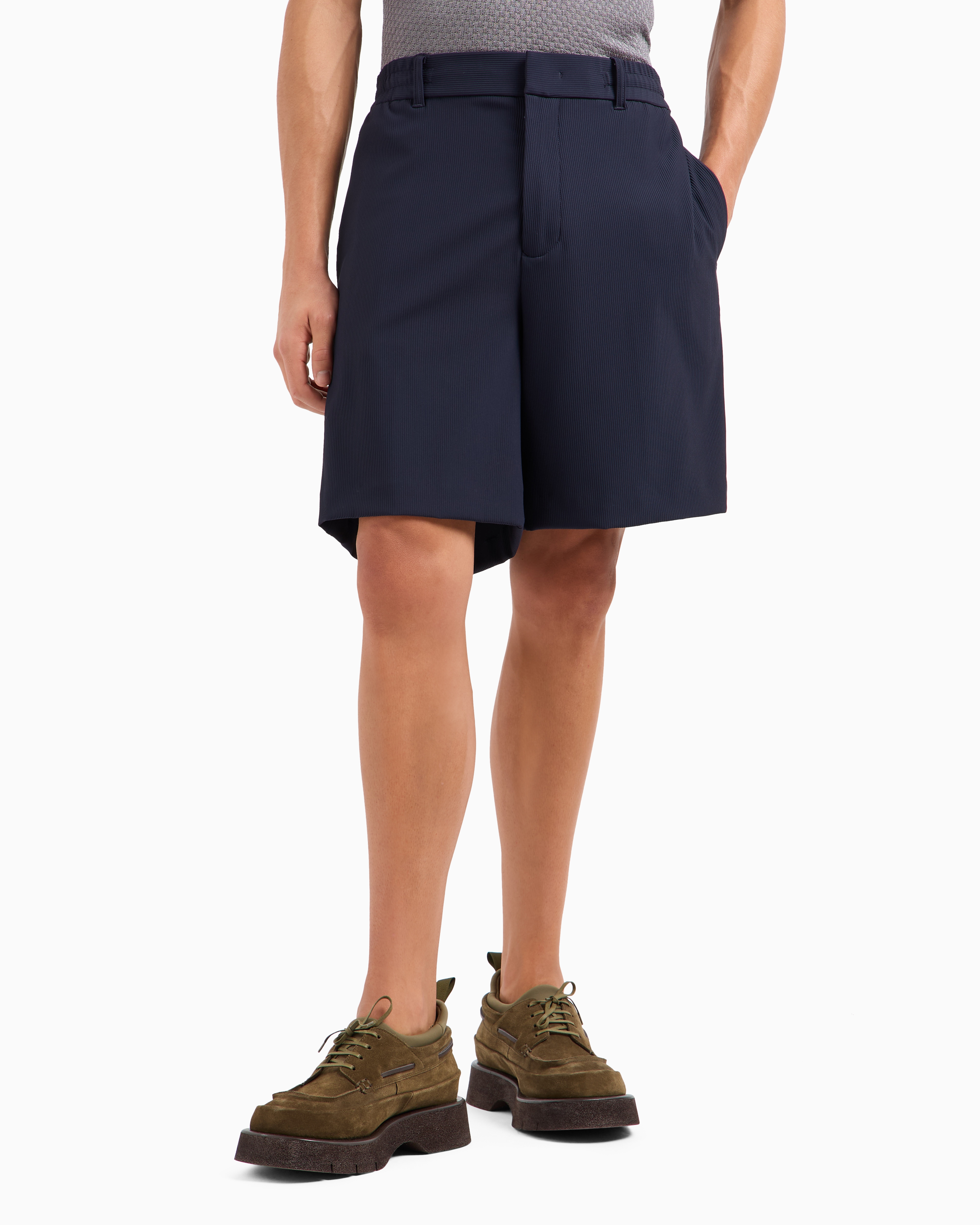 Emporio Armani Canneté-effect Stretch Nylon Bermuda Shorts In Navy Blue