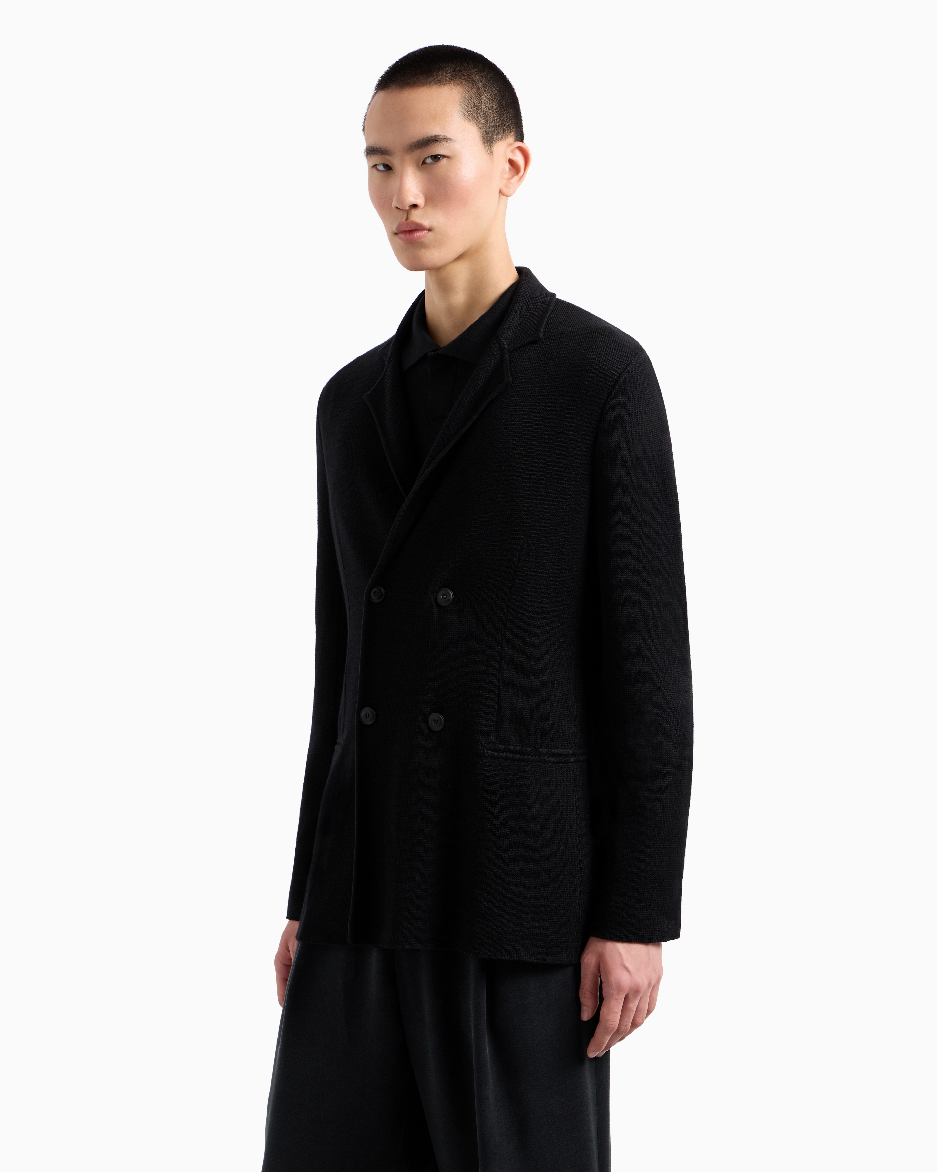 Giorgio Armani Official Store Icon Double-breasted Jacket In Fulled Cashmere Interlock In Black