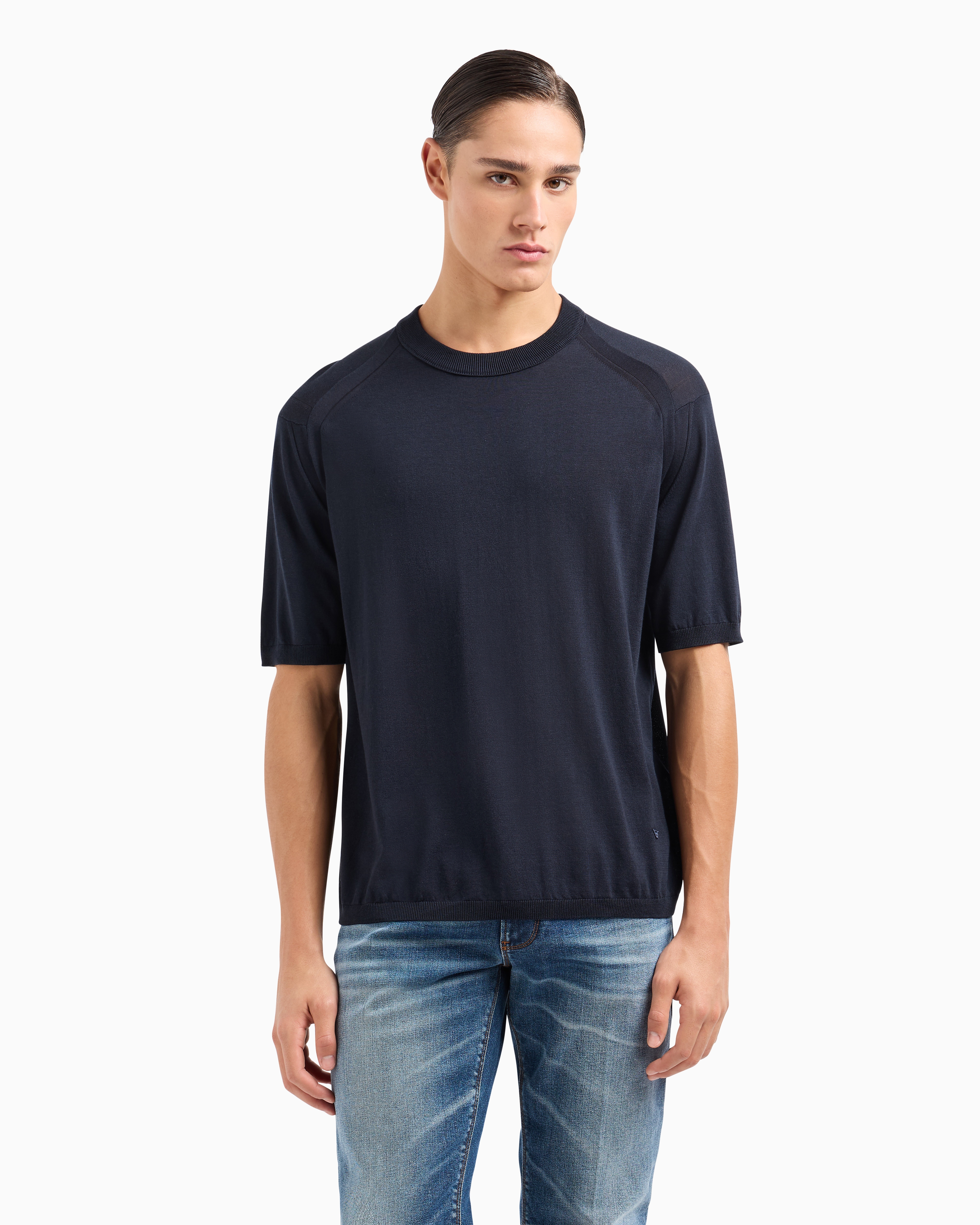 Emporio Armani Asv Lyocell-blend Plain-knit Jumper In Navy Blue