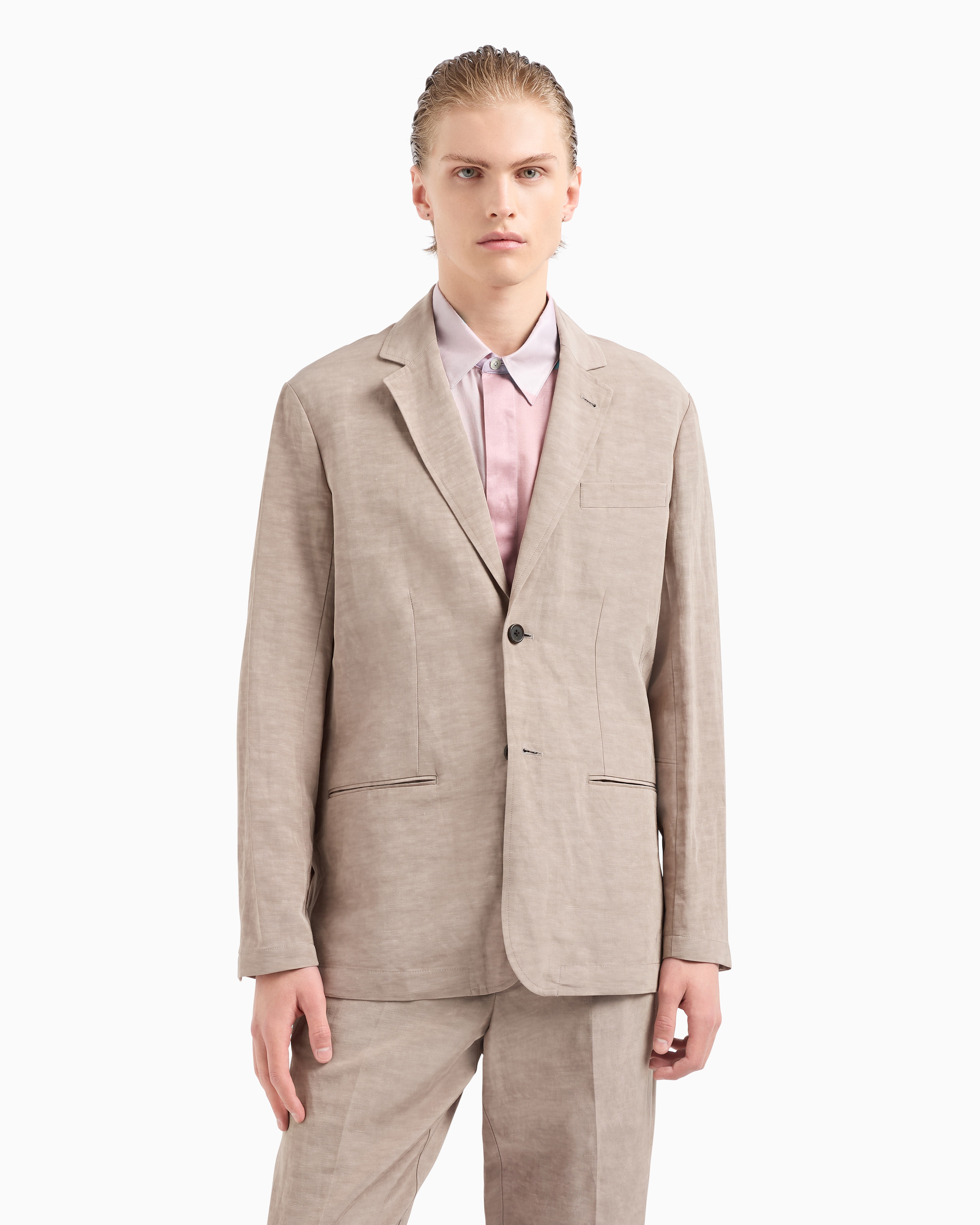 Emporio Armani Single-breasted Linen-blend Blazer In Beige