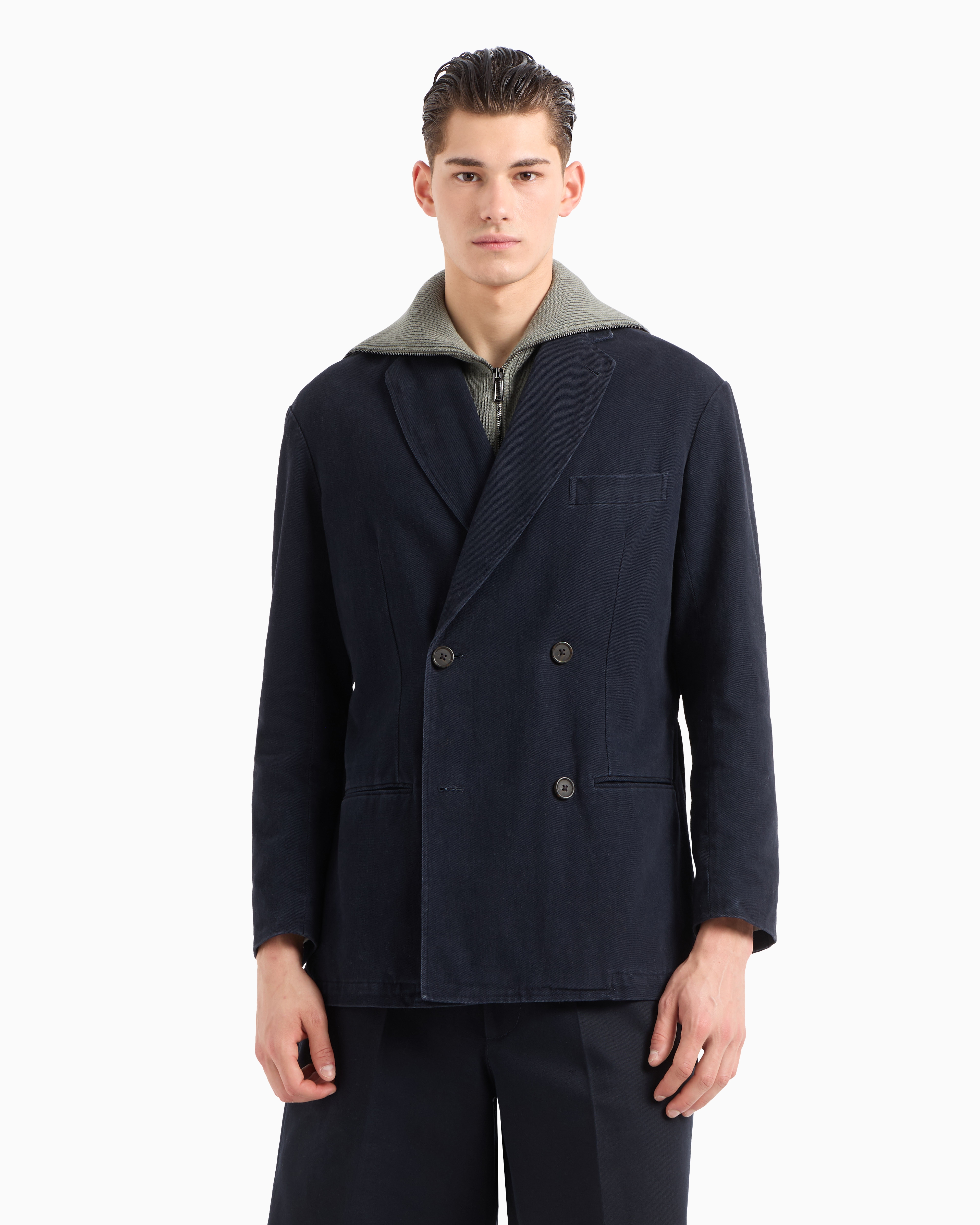 Emporio Armani Double-breasted Blazer In A Twill Bull Fabric In Marineblau
