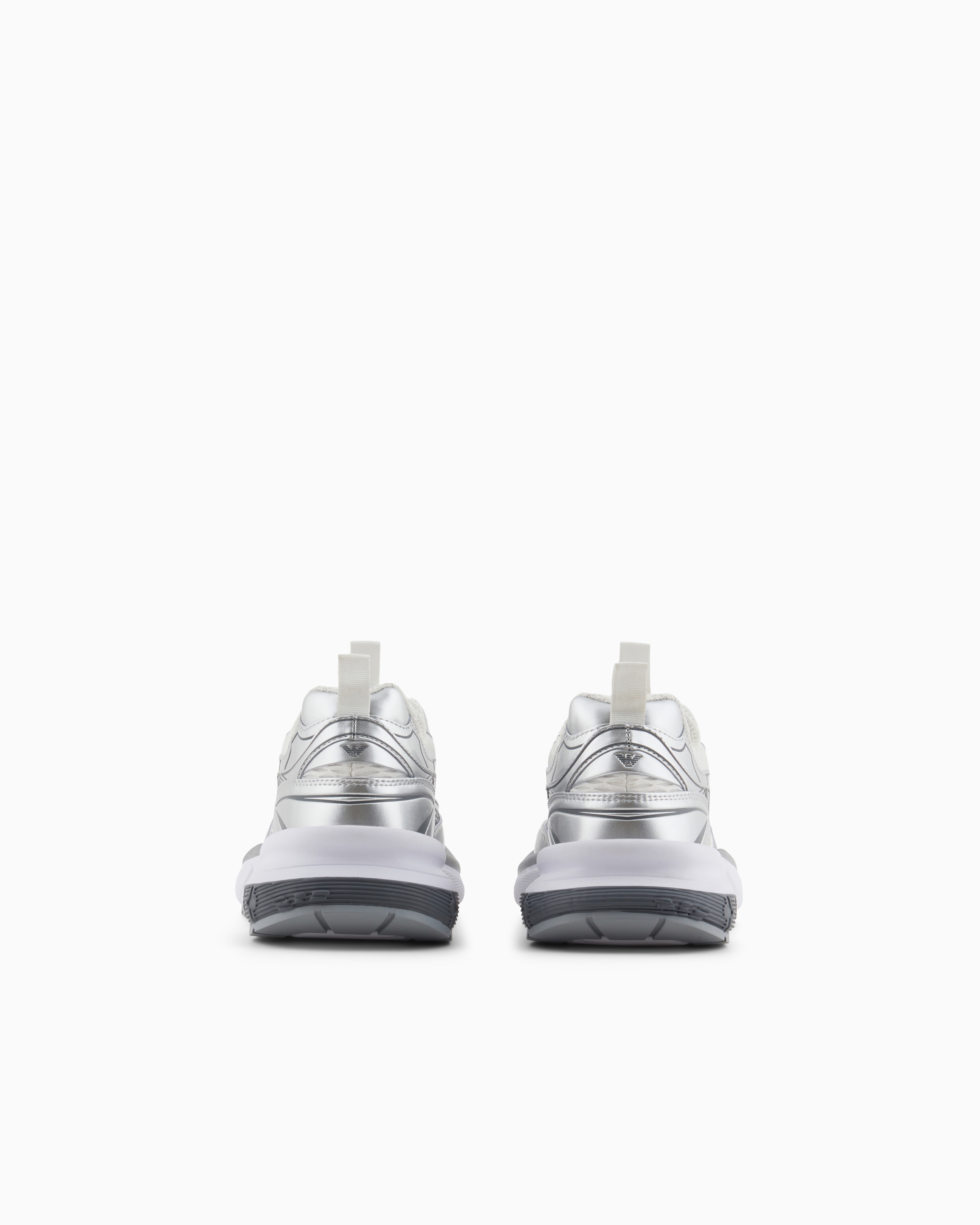 Emporio Armani Mesh Sneakers With Laminated Details And Signature Logo In Silver