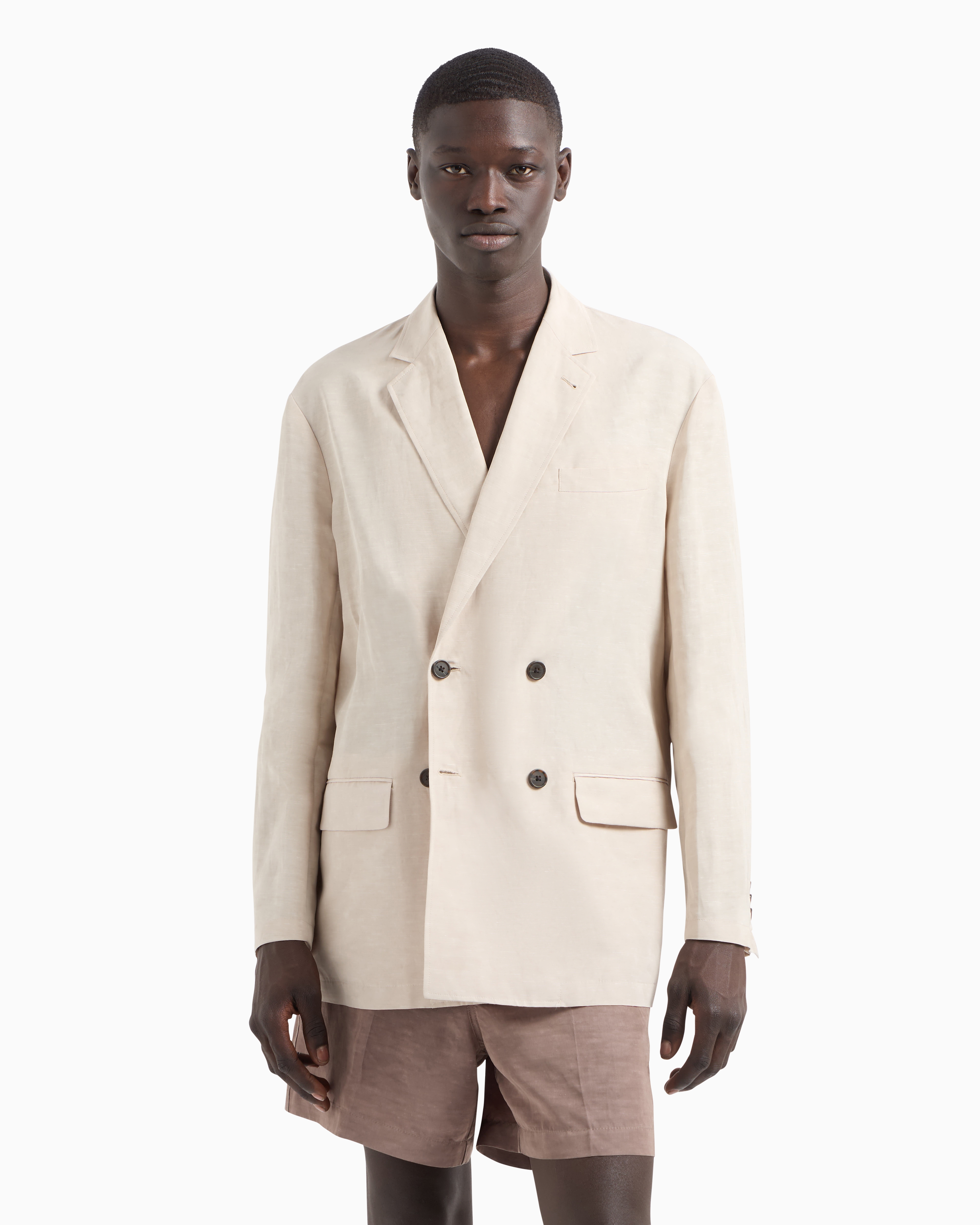 Emporio Armani Linen-blend Technical Double-breasted Blazer In Beige