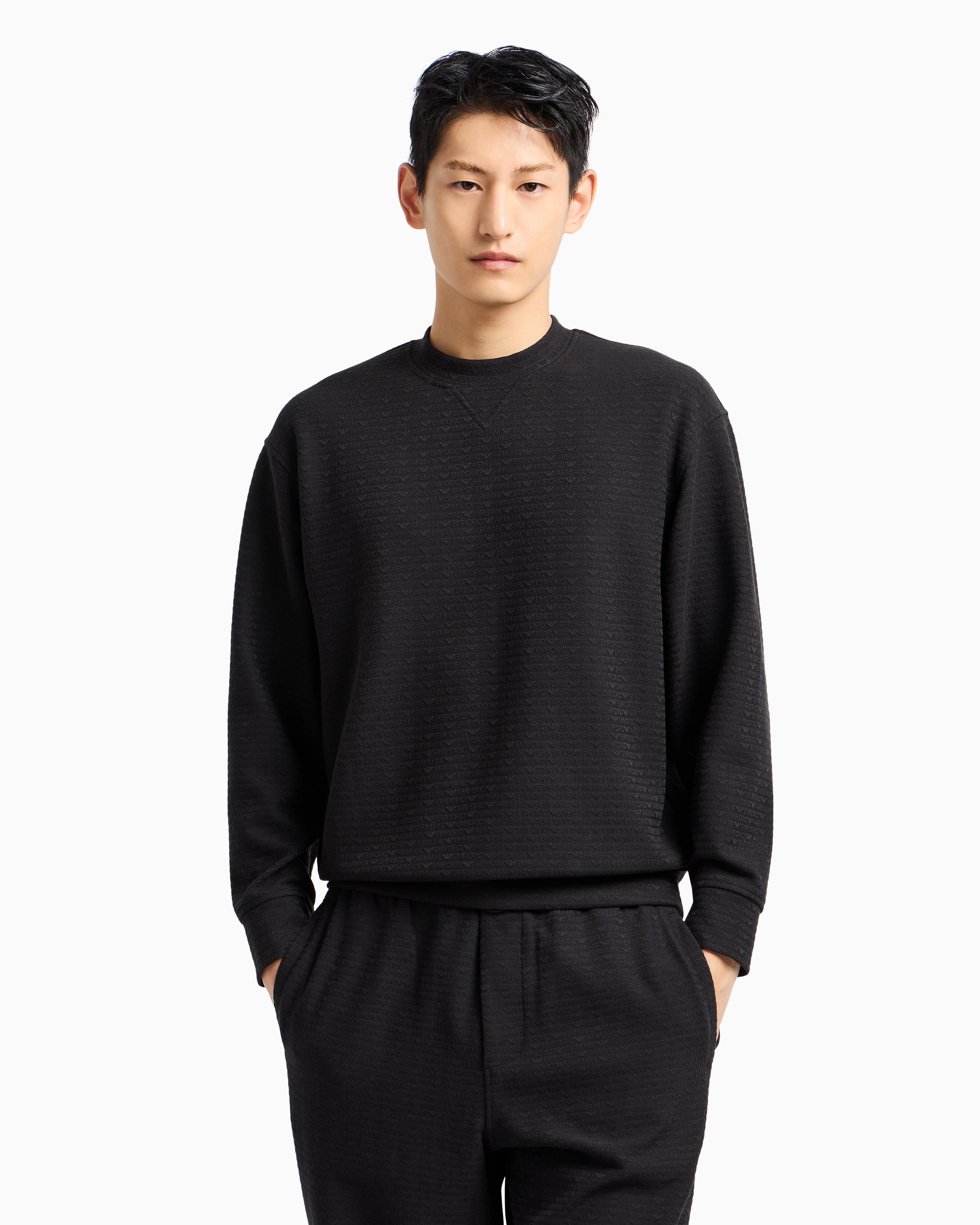 Emporio Armani Asv Lyocell Blend Jersey Sweatshirt With All-over Lettering In Black