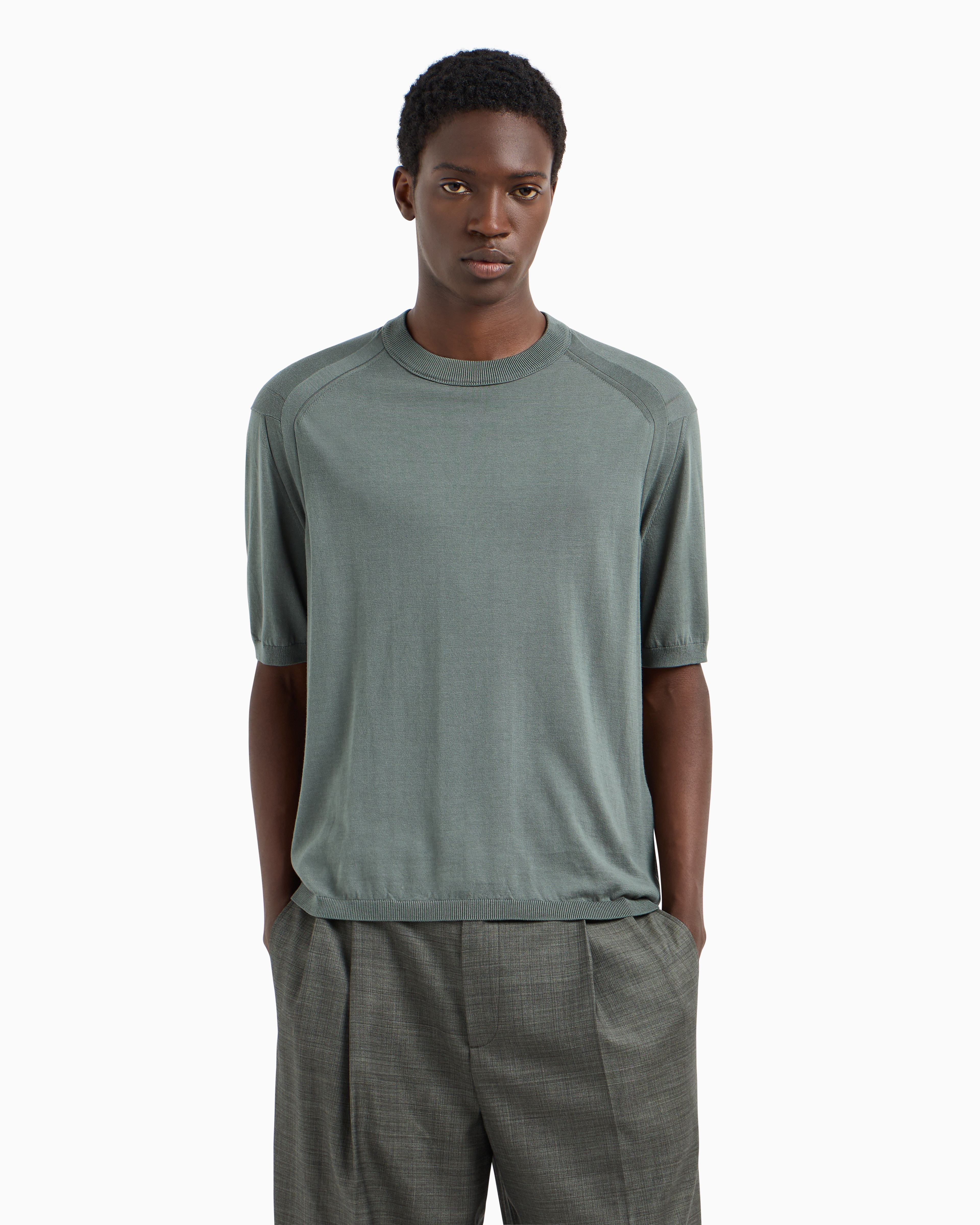 Emporio Armani Asv Lyocell-blend Plain-knit Jumper In Green
