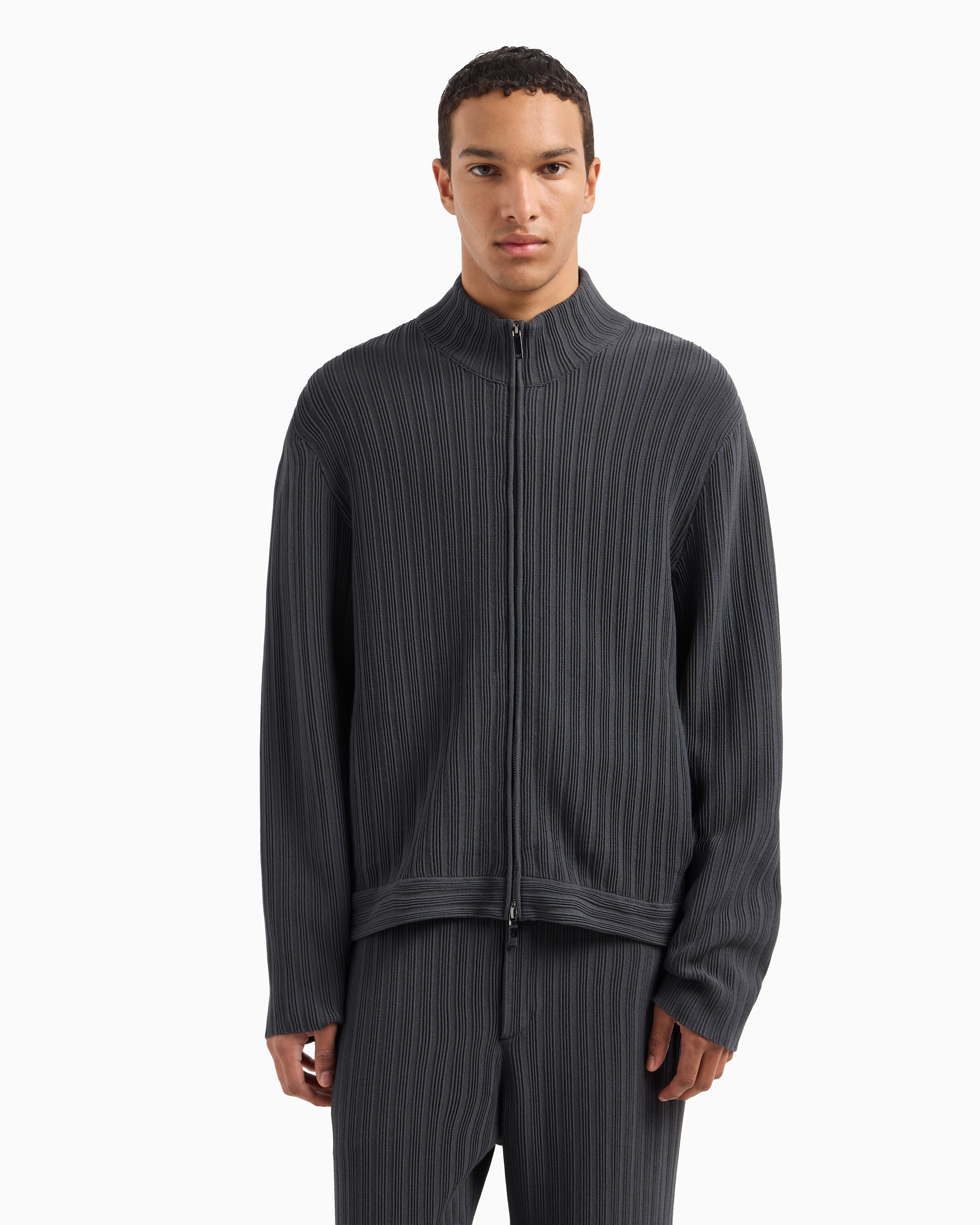 Emporio Armani Icon Full-zip Cardigan In Vertical Ottoman-stitch Viscose In Grey