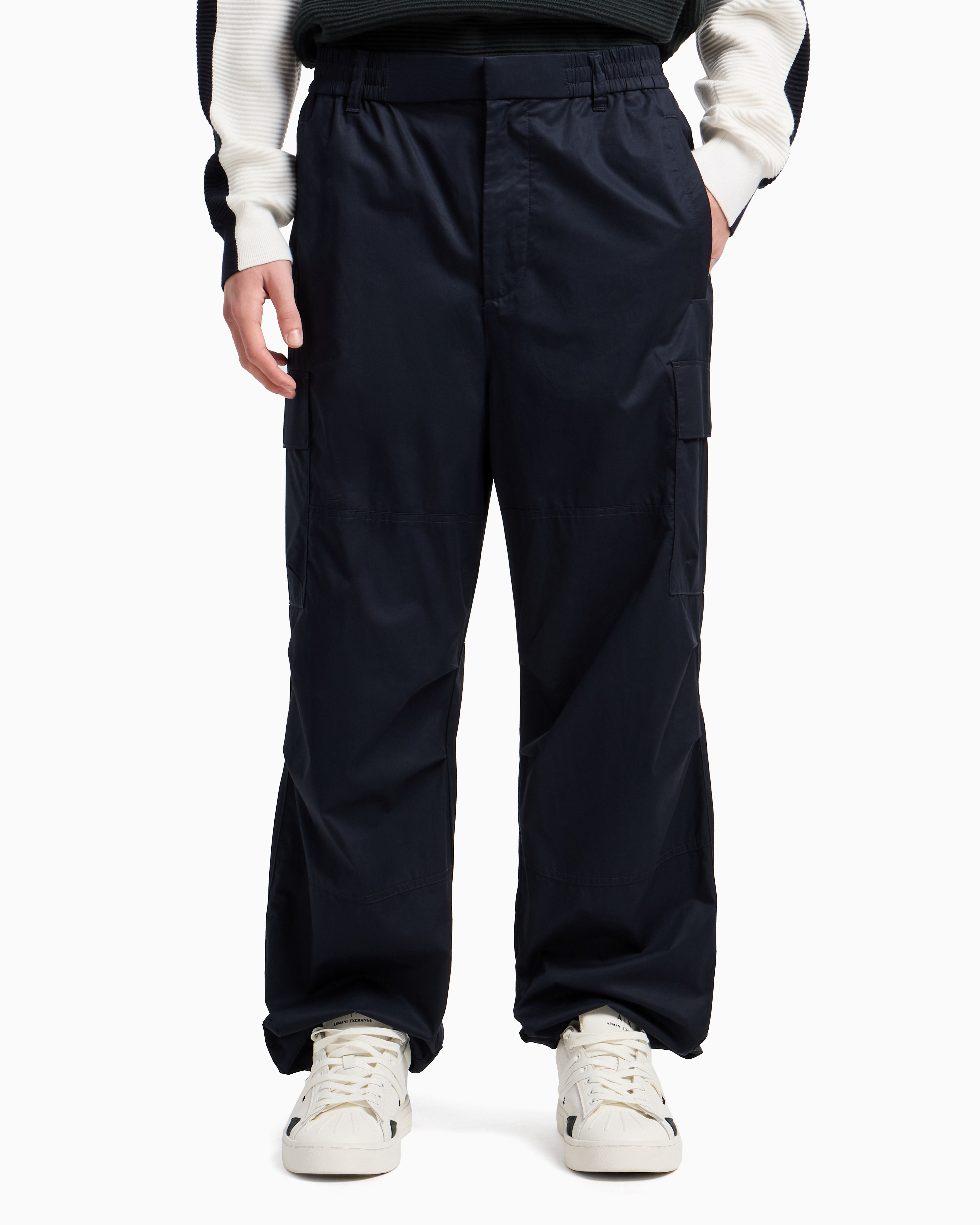 Armani Exchange Oversized Cargo Trousers In Cotton Twill In Navy Blue