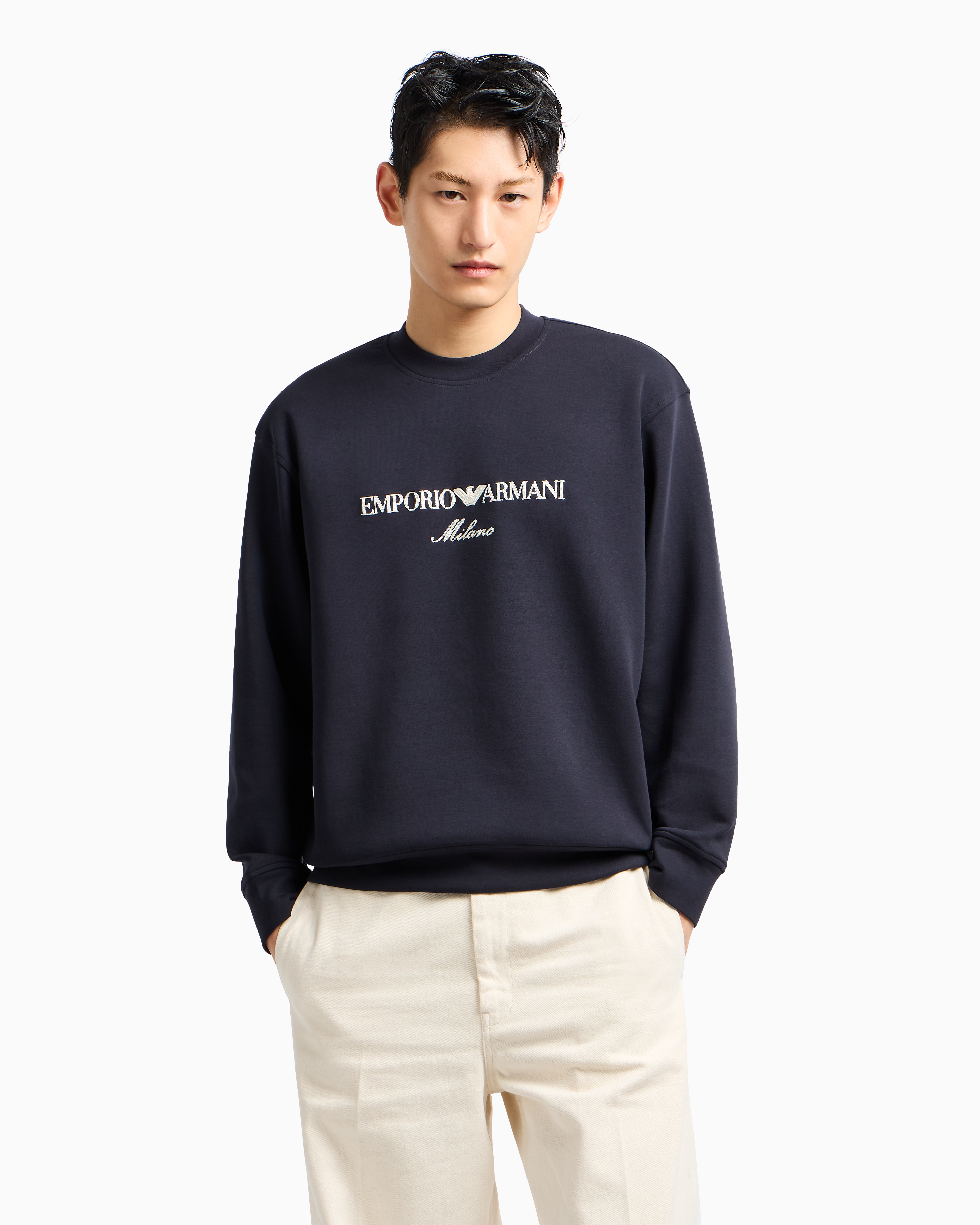 Emporio Armani Double-jersey Sweatshirt With Logo Embroidery In Navy_blue