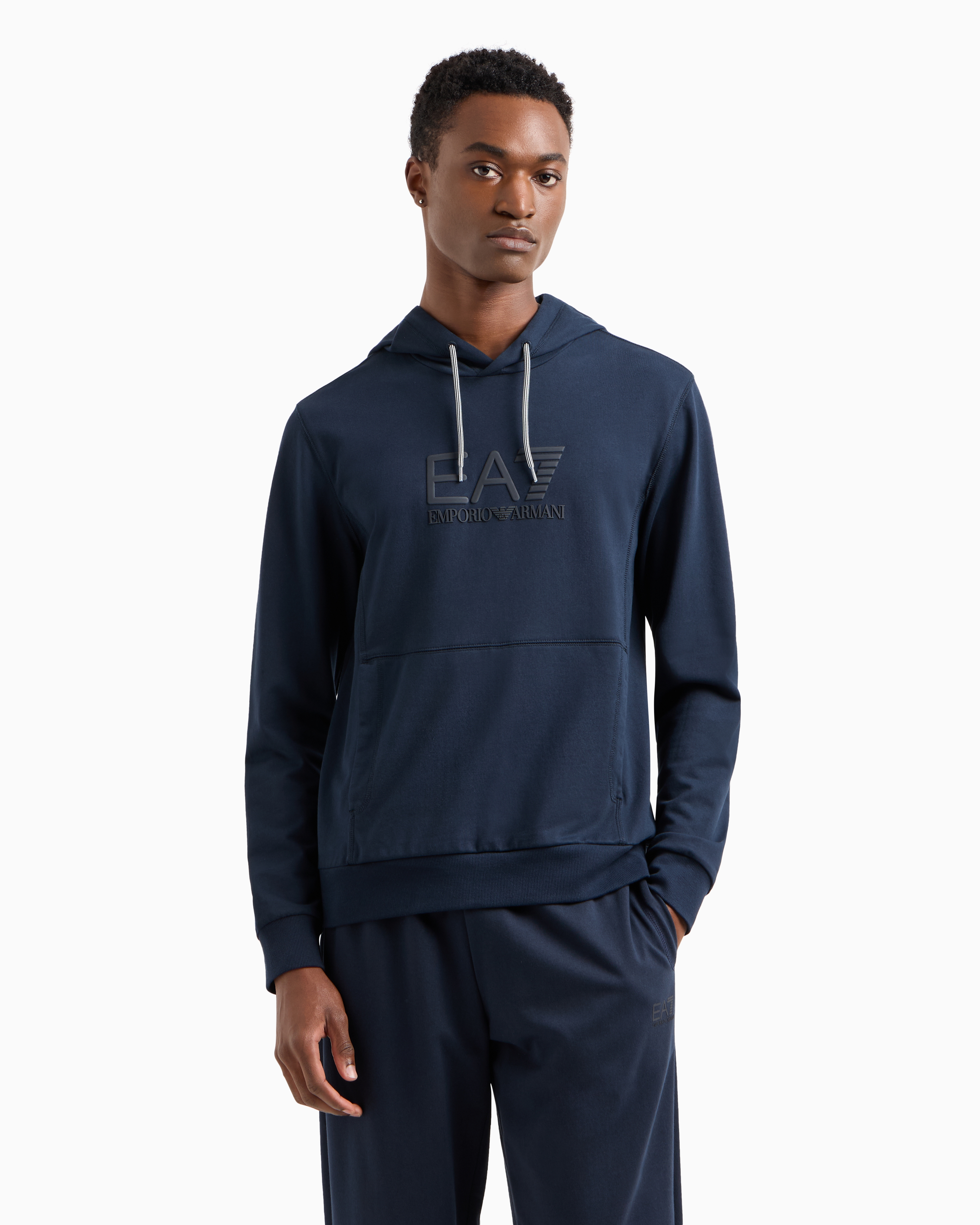 Ea7 Cotton Hooded Visibility Sweatshirt In Navy Blue