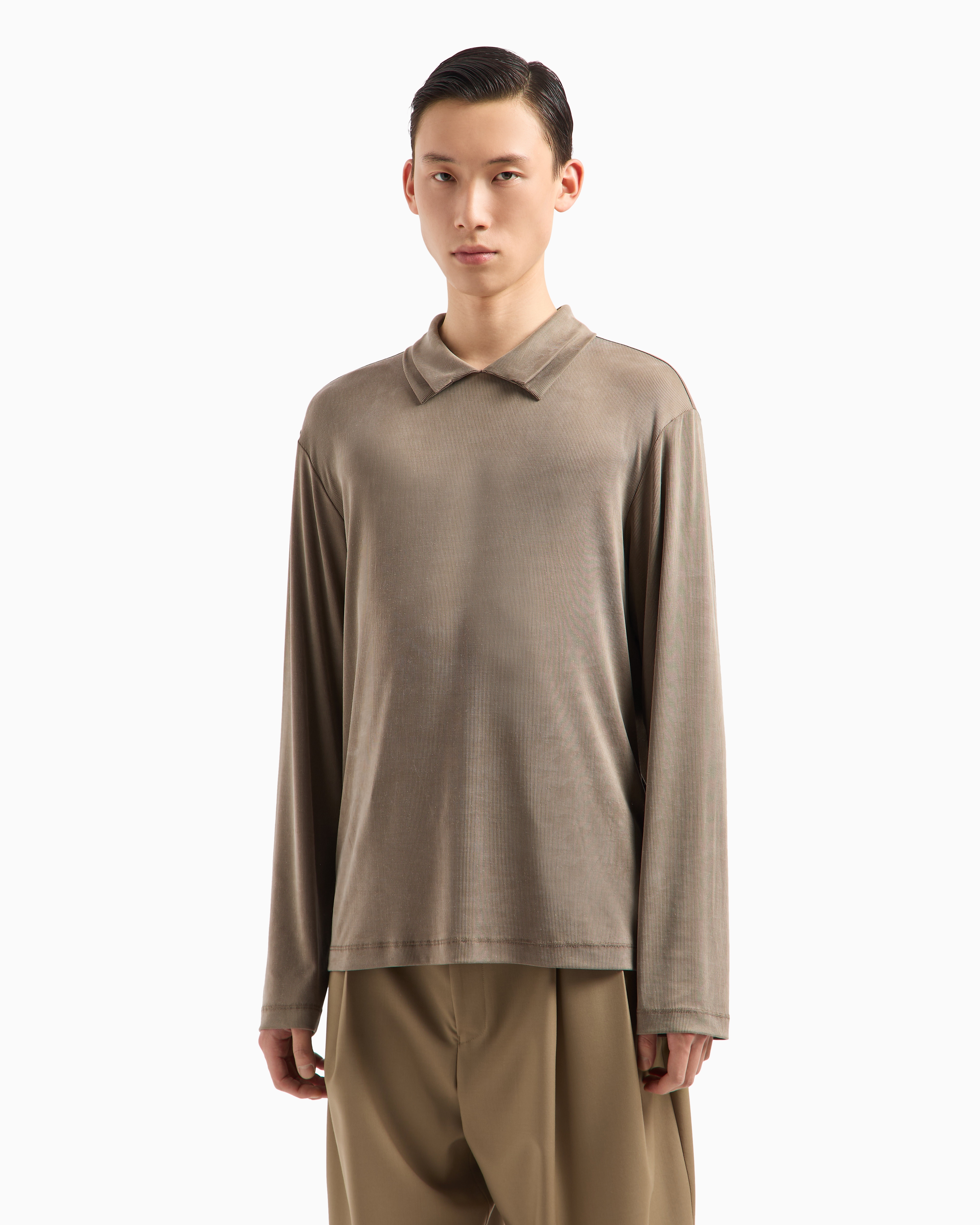 Emporio Armani Asv Icon Stretch-lyocell-poloshirt In Rippstrick-verarbeitung In Beige