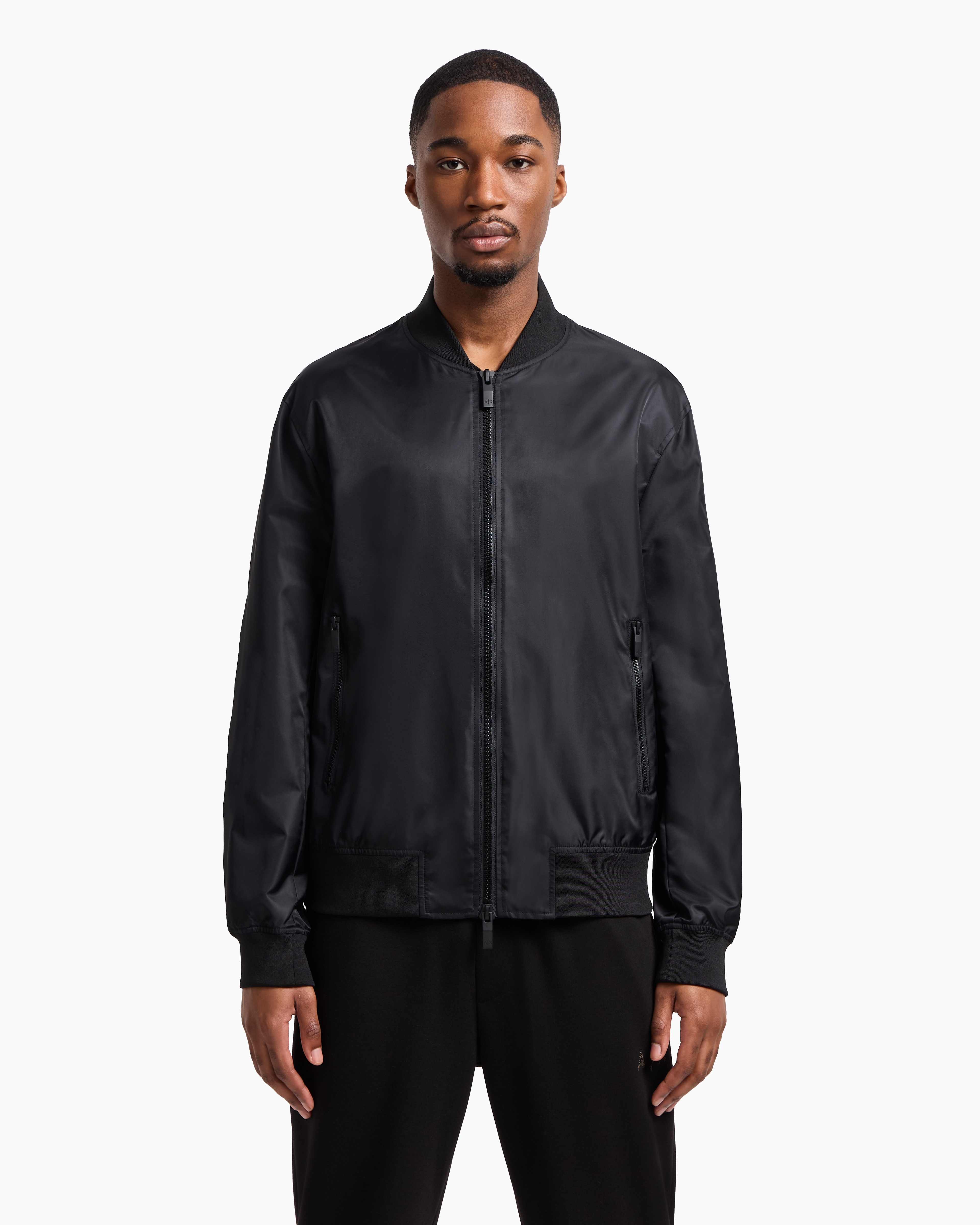 Armani Exchange Satin Bomber Jacket With Blurred Back Logo In Black